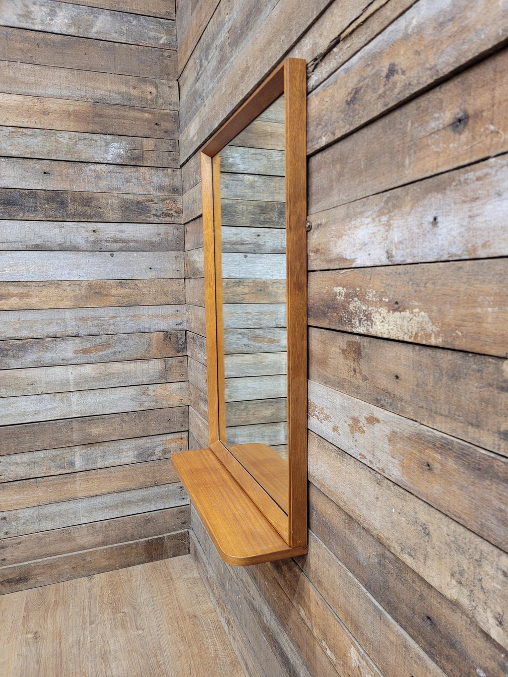 Mid Century Teak Wall Mirror with Shelf 1960s Scandinavian Style
