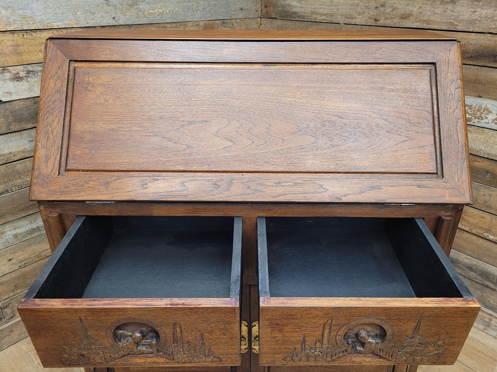 Vintage Sloping Front Bureau Writing Desk with Carved Drawers