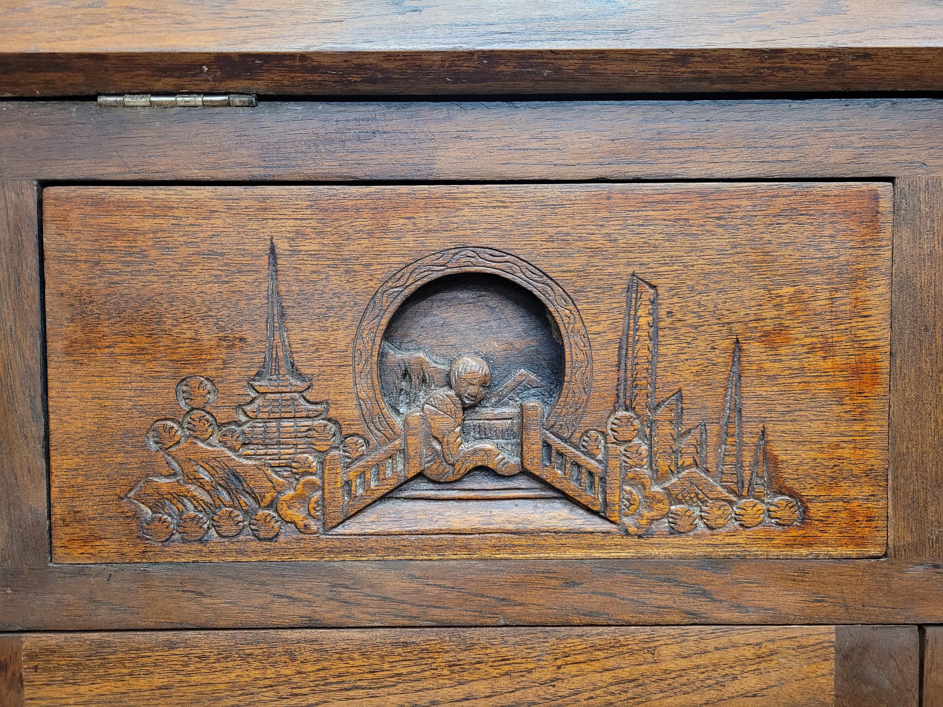 Vintage Sloping Front Bureau Writing Desk with Carved Drawers