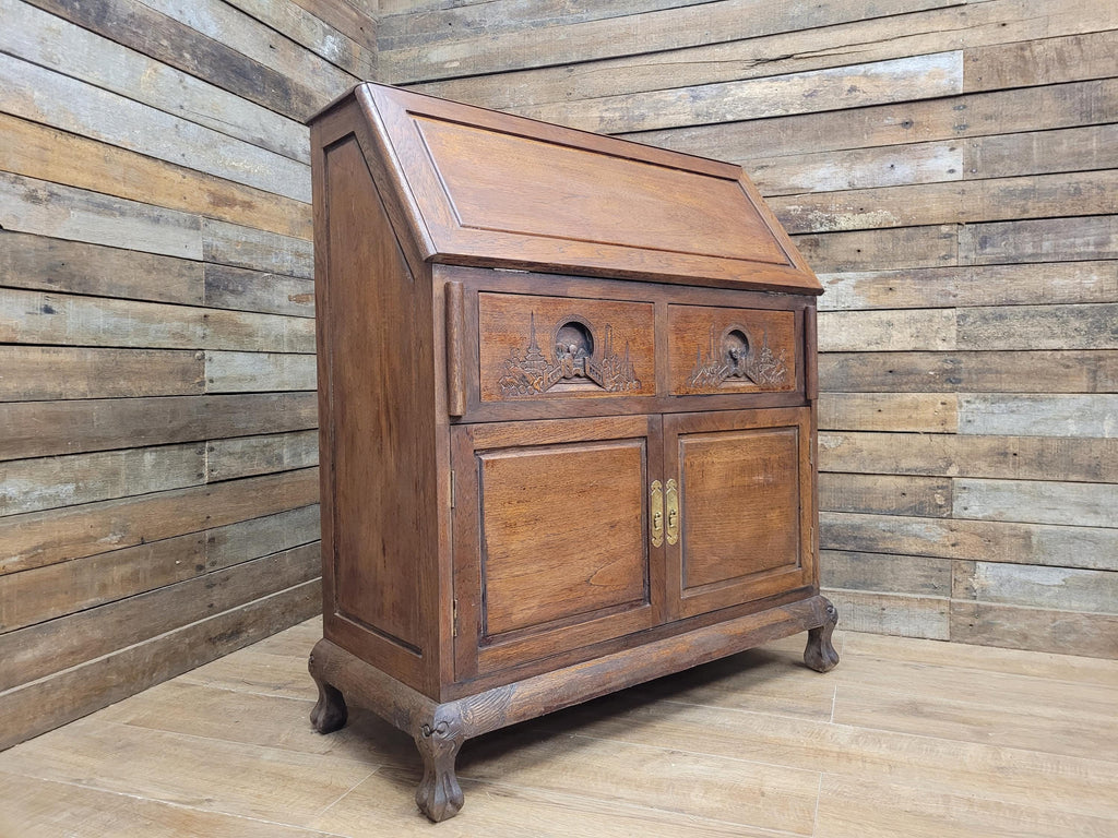 Vintage Sloping Front Bureau Writing Desk with Carved Drawers