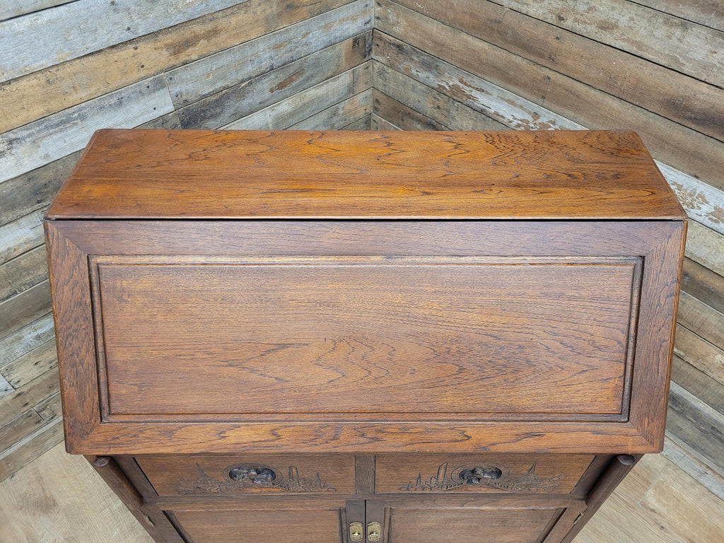 Vintage Sloping Front Bureau Writing Desk with Carved Drawers