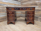 Mahogany Veneered Antique Style Pedestal Desk Green Leather Top Captains Desk
