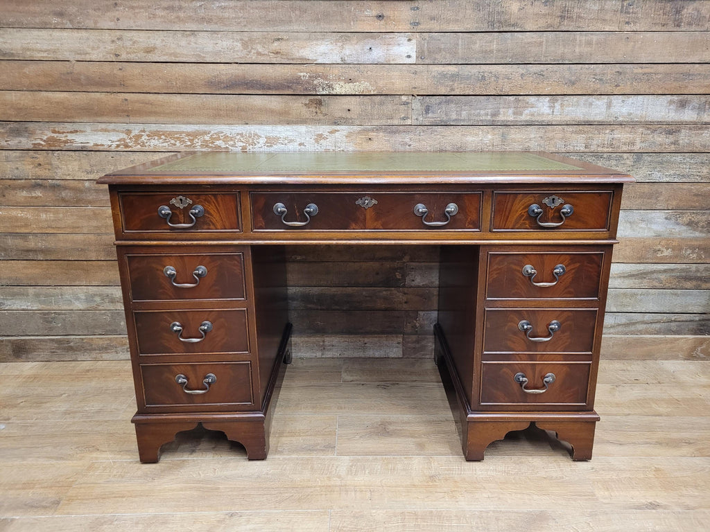 Mahogany Veneered Antique Style Pedestal Desk Green Leather Top Captains Desk