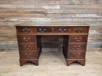 Mahogany Veneered Antique Style Pedestal Desk Green Leather Top Captains Desk