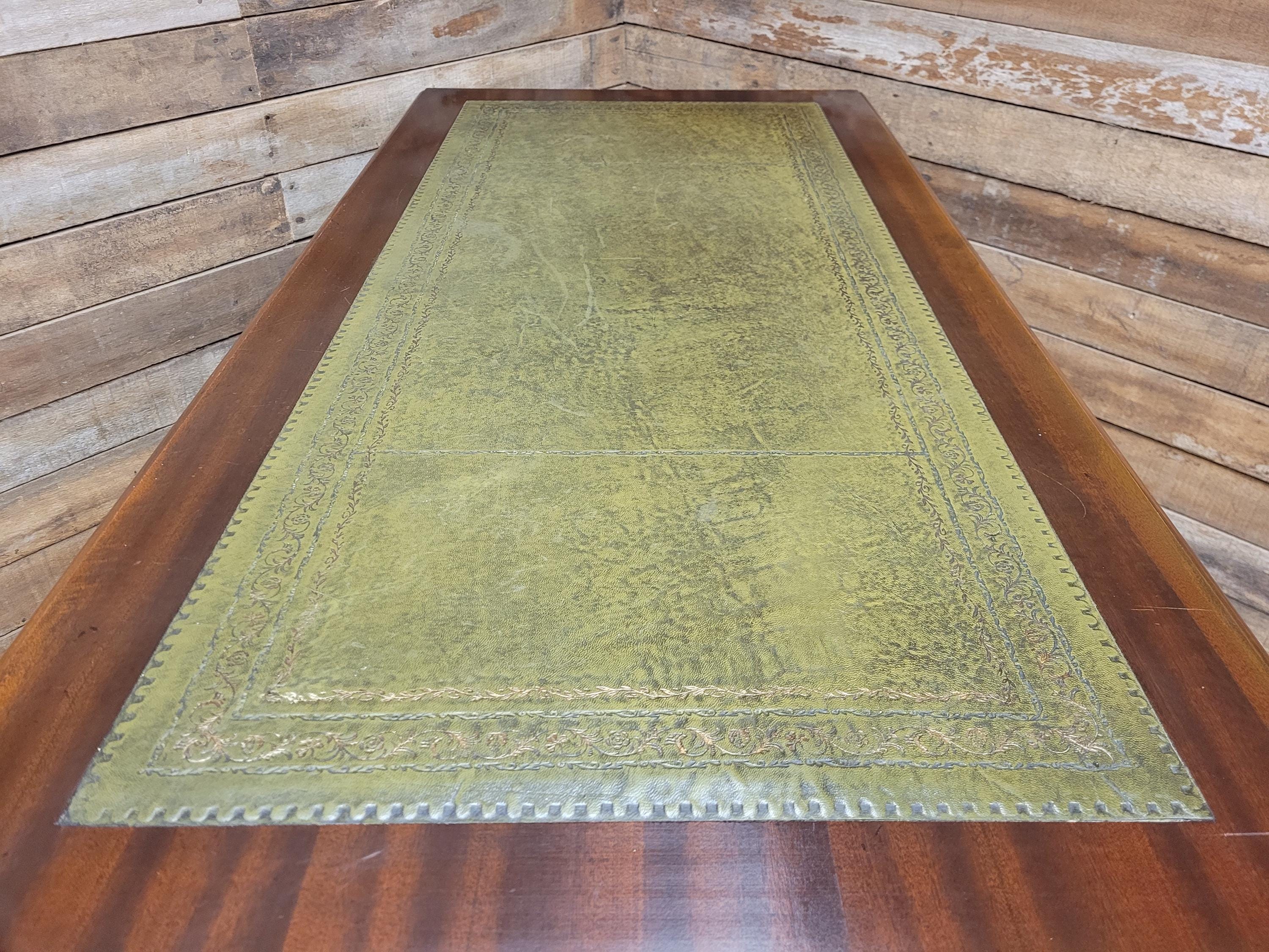 Mahogany Veneered Antique Style Pedestal Desk Green Leather Top Captains Desk