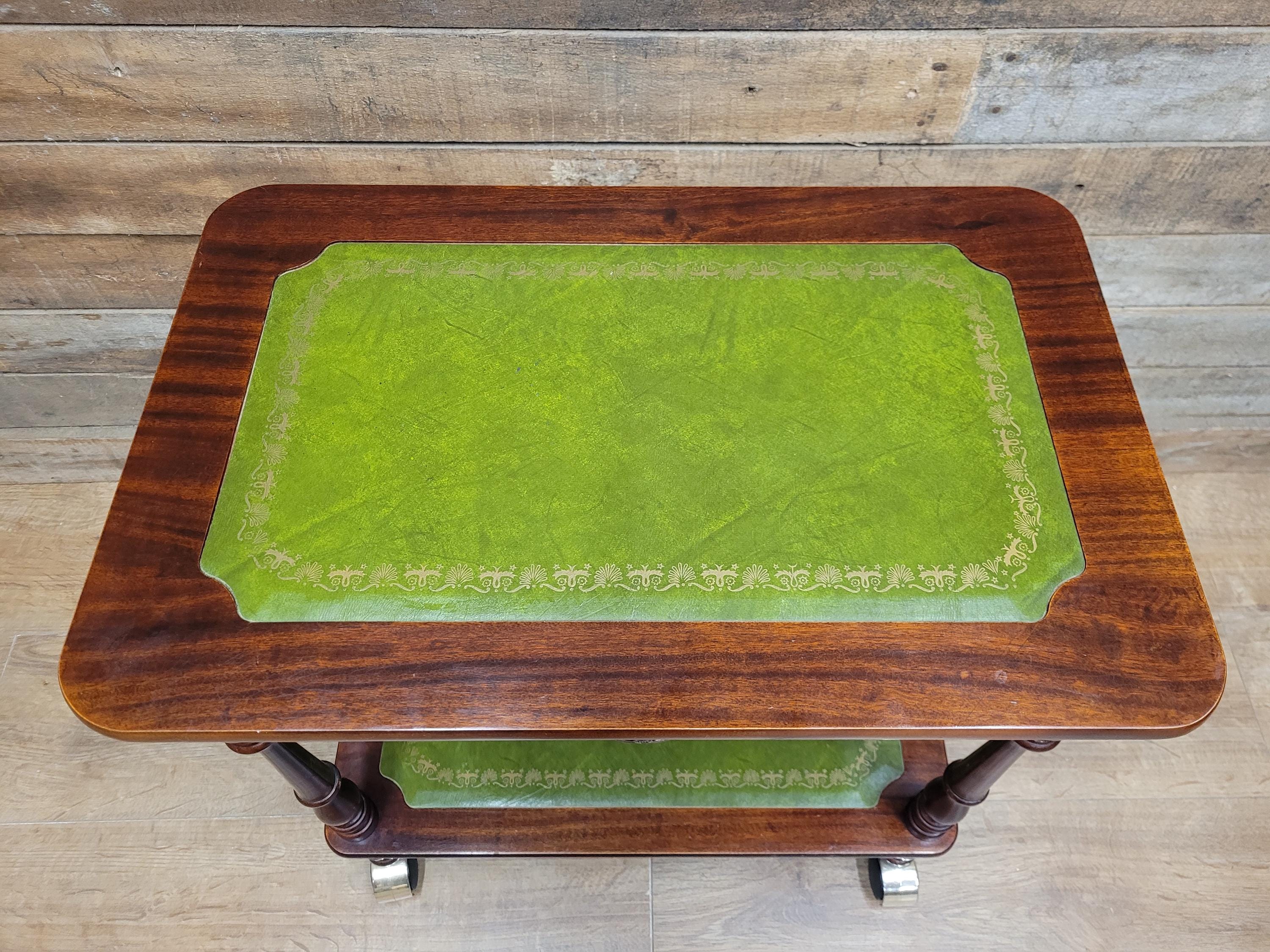 Vintage Small Drinks Trolley Side Table Green Faux Leather Inlay Two Tier Drawer