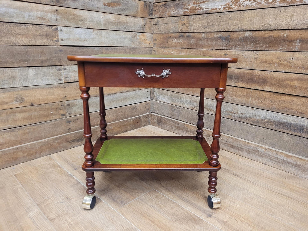 Vintage Small Drinks Trolley Side Table Green Faux Leather Inlay Two Tier Drawer