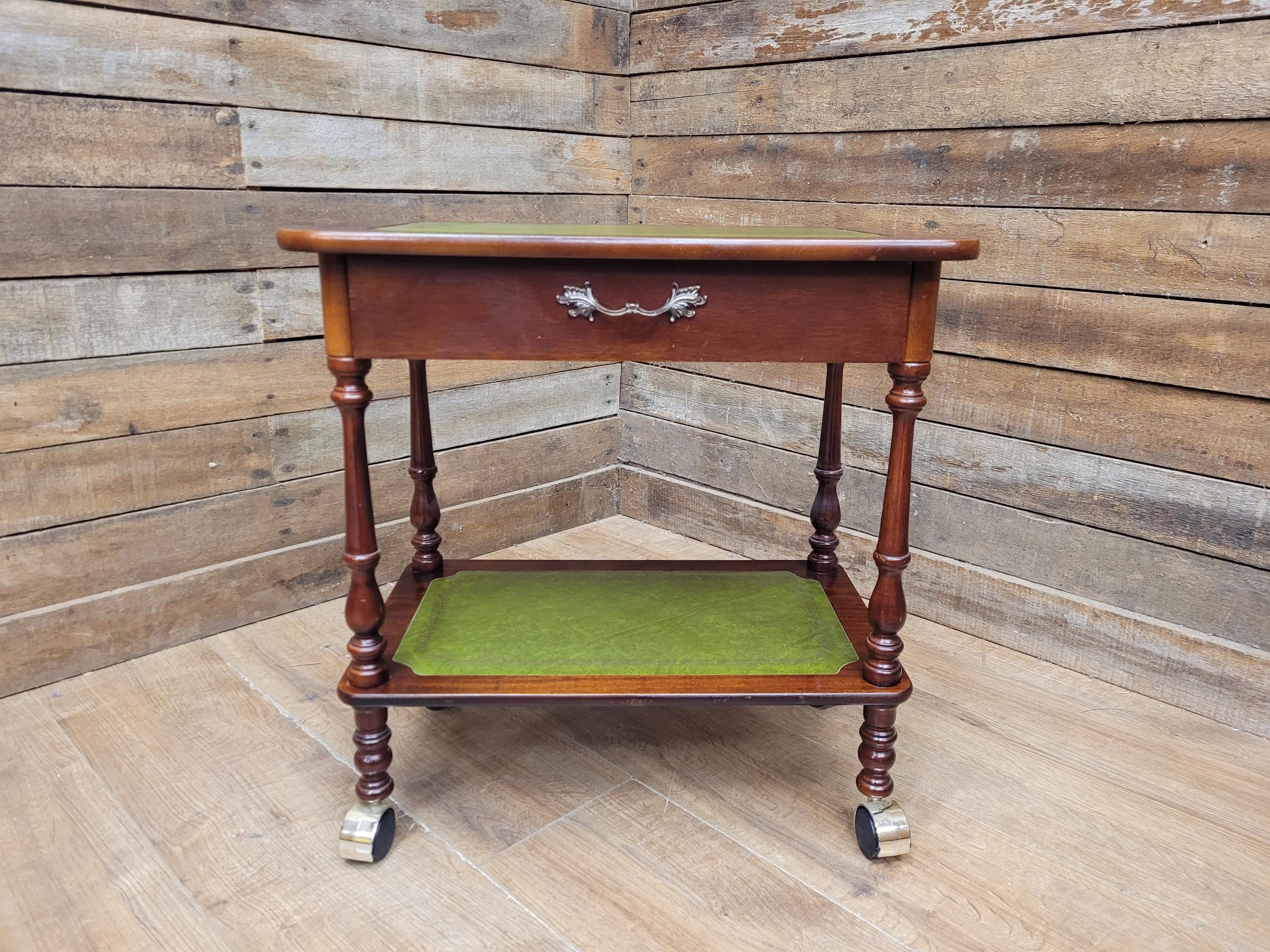 Vintage Small Drinks Trolley Side Table Green Faux Leather Inlay Two Tier Drawer
