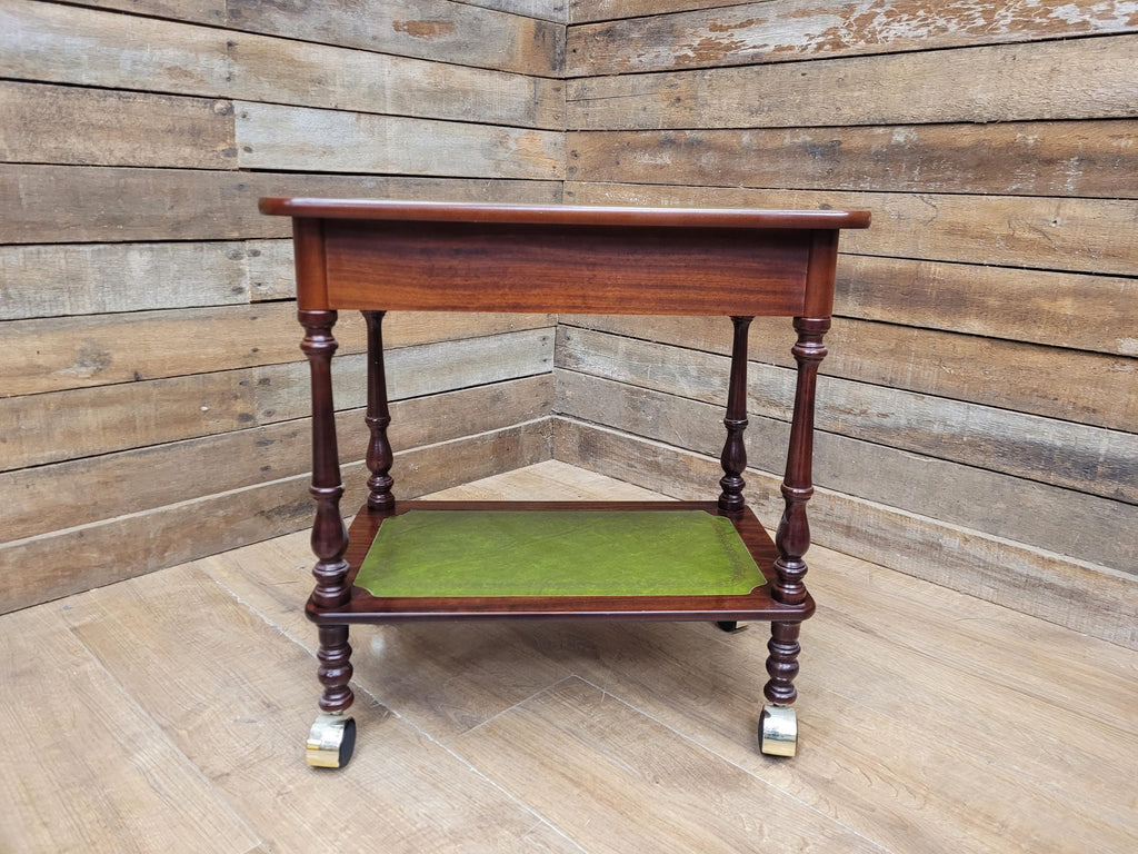 Vintage Small Drinks Trolley Side Table Green Faux Leather Inlay Two Tier Drawer
