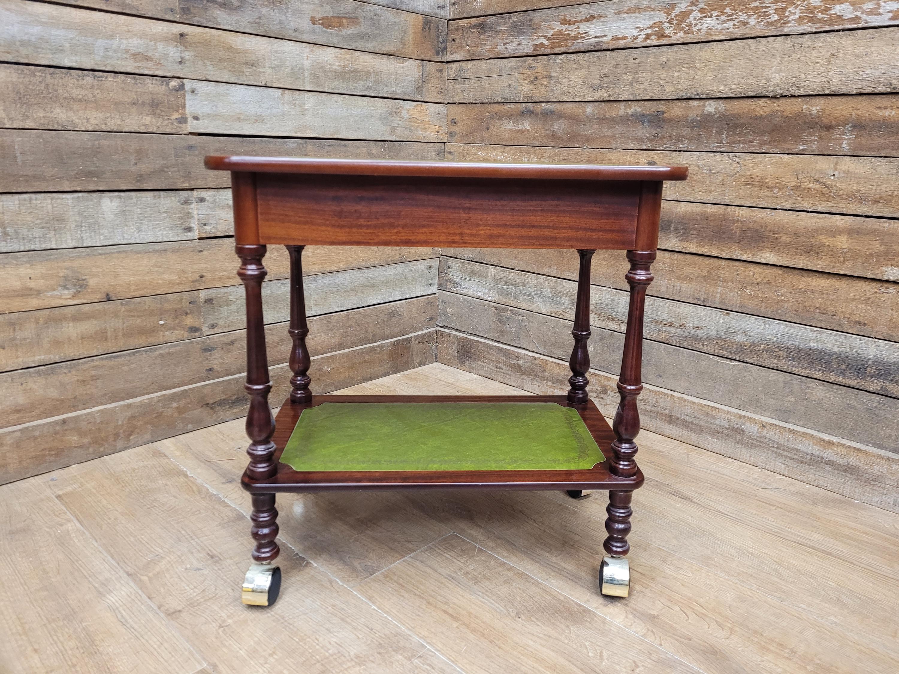 Vintage Small Drinks Trolley Side Table Green Faux Leather Inlay Two Tier Drawer