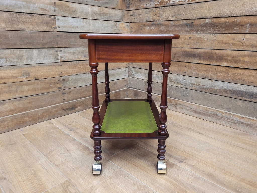 Vintage Small Drinks Trolley Side Table Green Faux Leather Inlay Two Tier Drawer