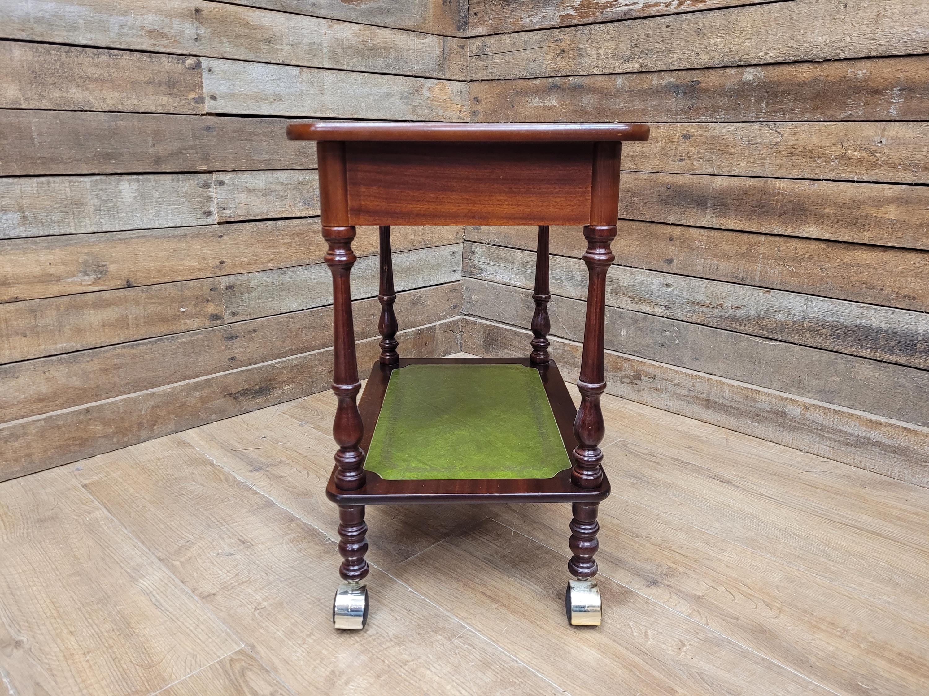Vintage Small Drinks Trolley Side Table Green Faux Leather Inlay Two Tier Drawer