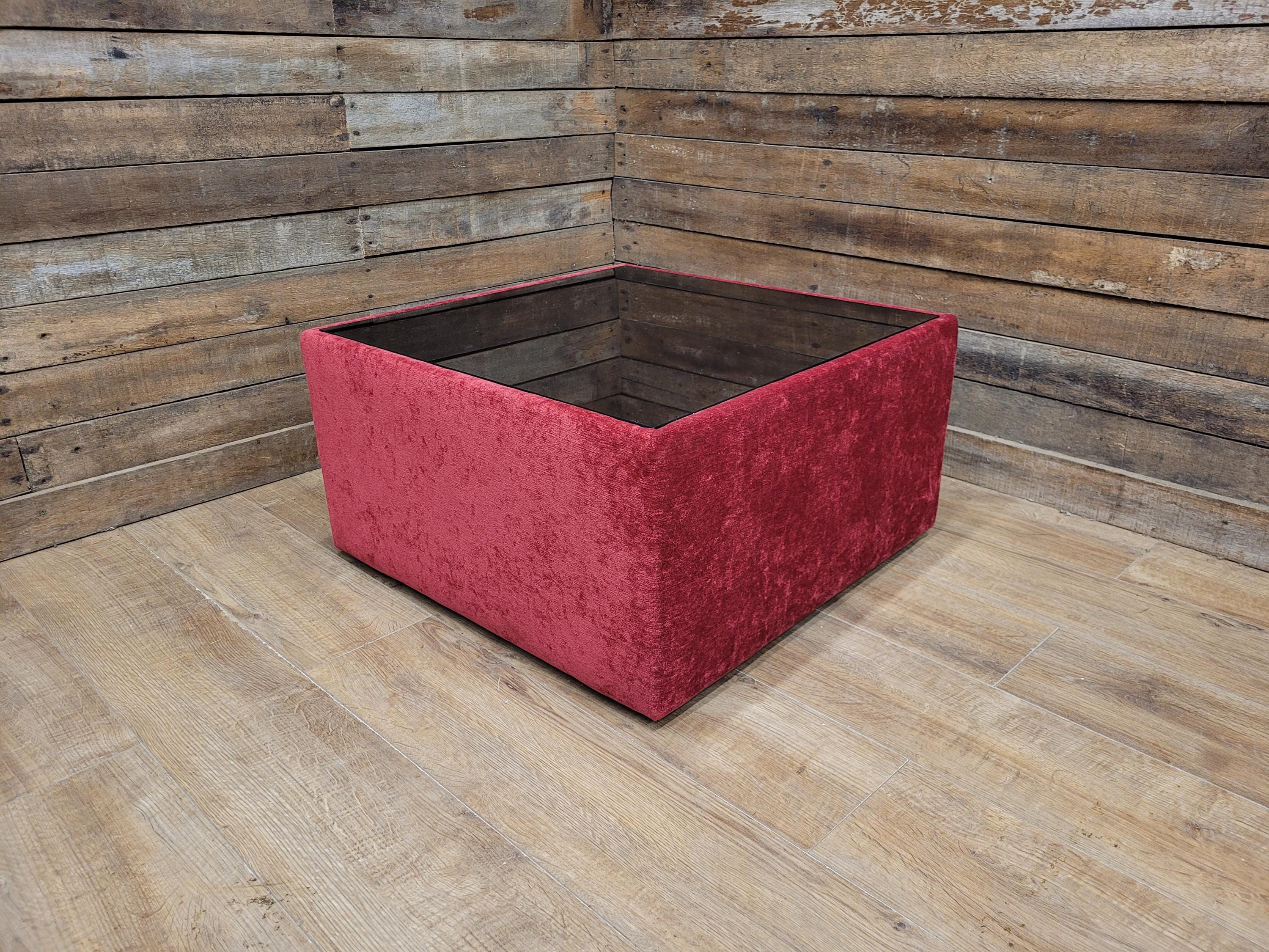 Vintage 1970s Style Red Upholstered Coffee Table Smoked Glass Square Retro Chic