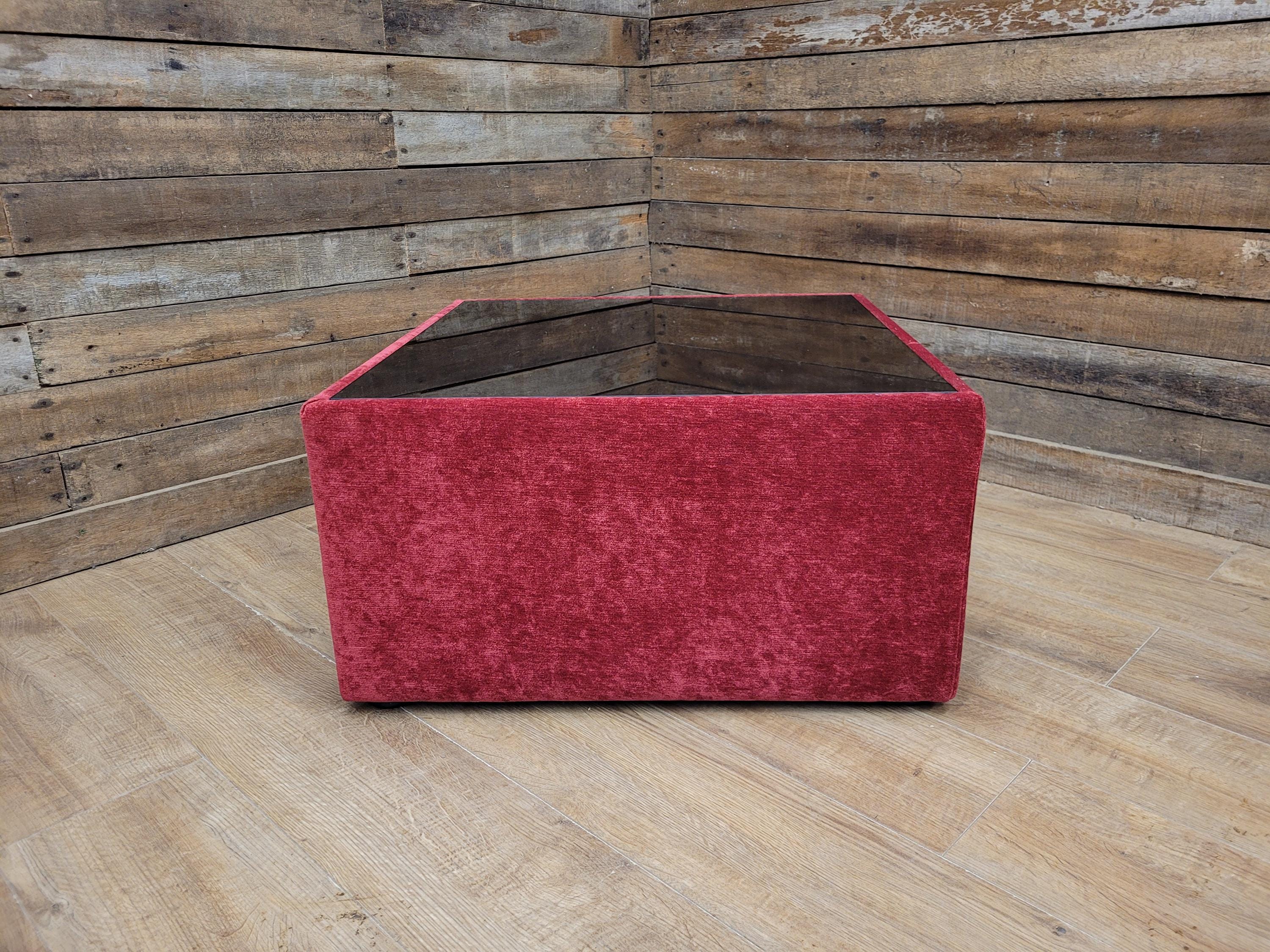 Vintage 1970s Style Red Upholstered Coffee Table Smoked Glass Square Retro Chic
