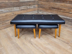 Vintage Sherborne Mid Century Black Vinyl Footstool Set Bench & 2 Stools