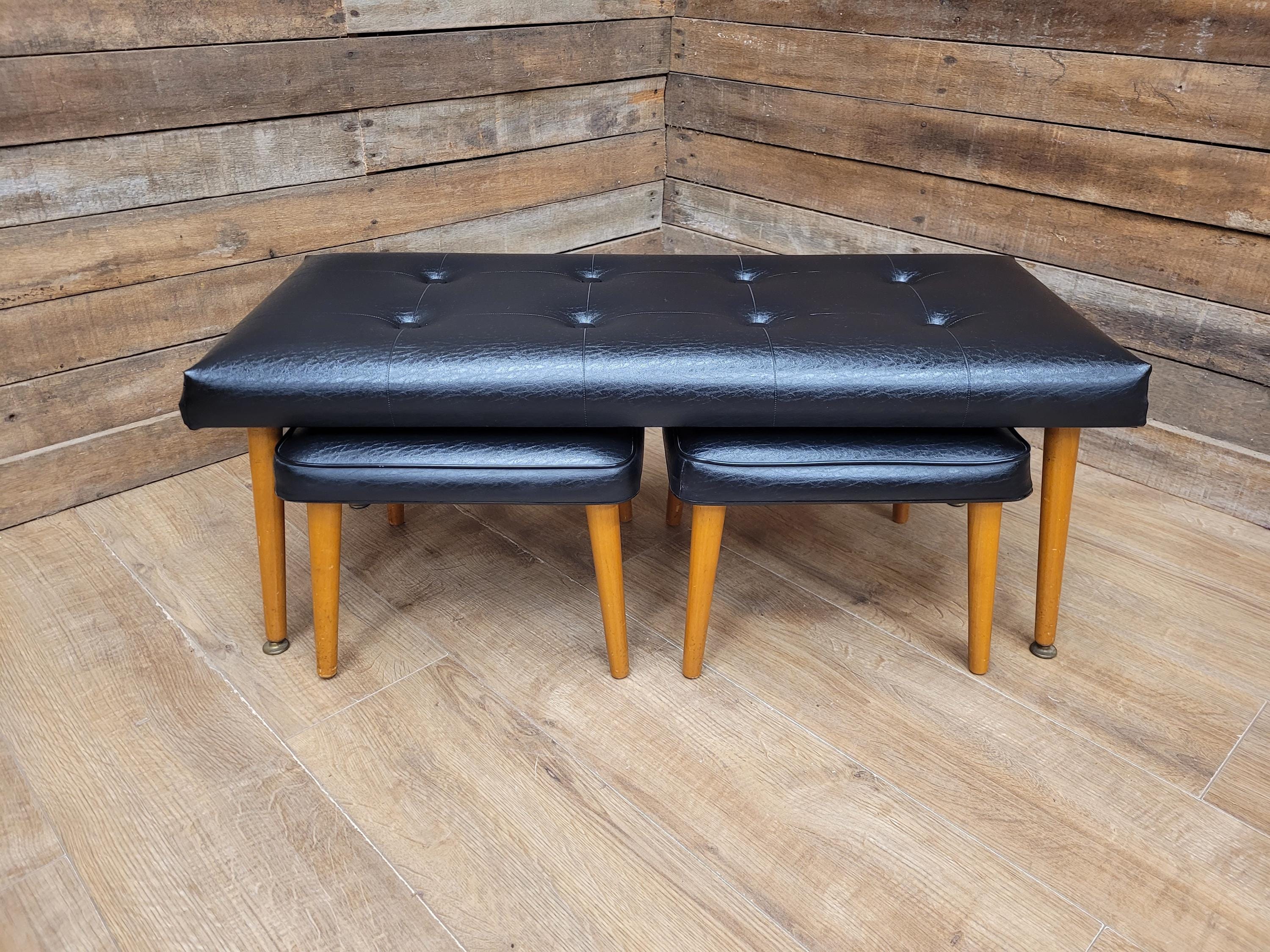 Vintage Sherborne Mid Century Black Vinyl Footstool Set Bench & 2 Stools
