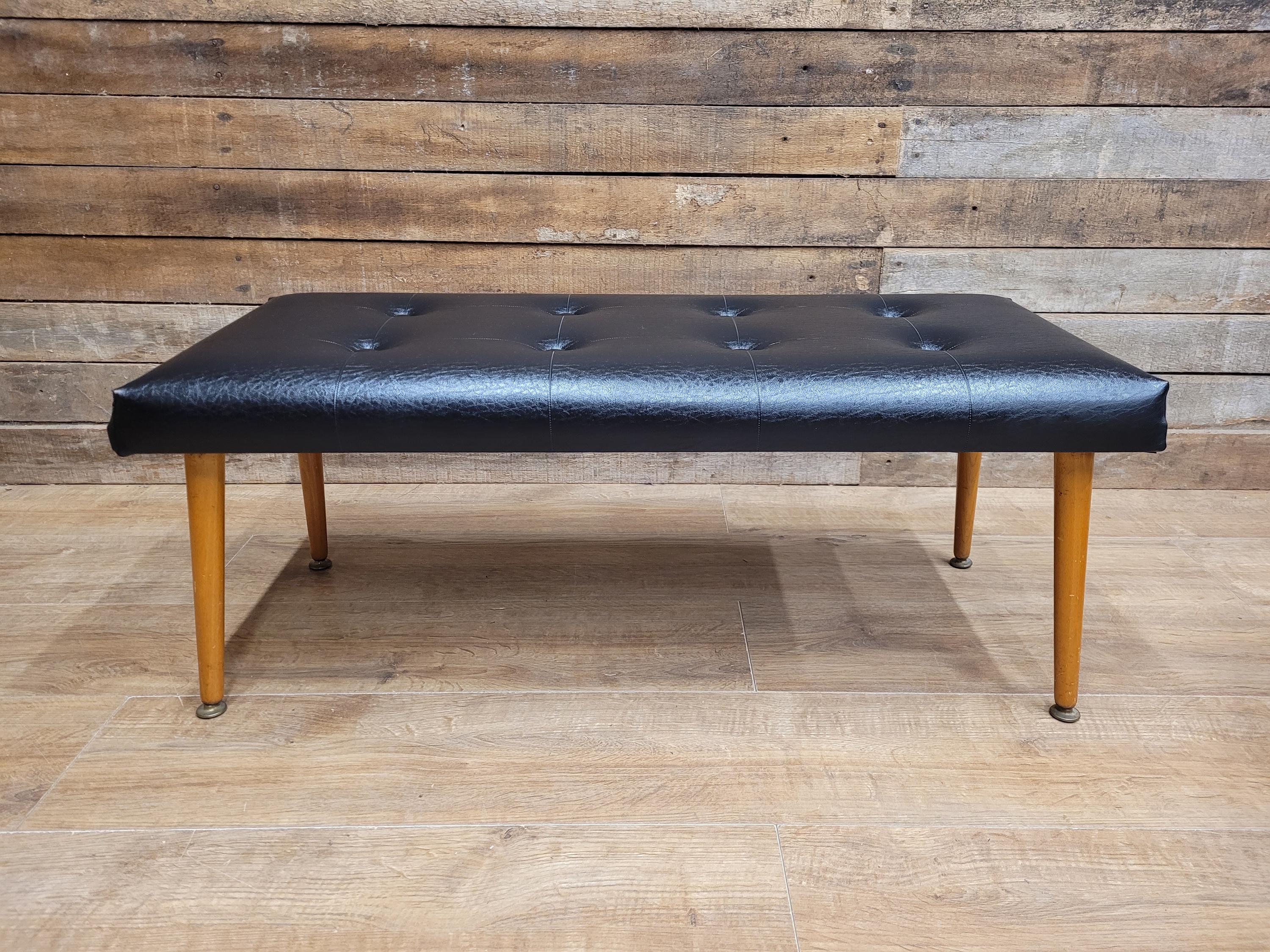 Vintage Sherborne Mid Century Black Vinyl Footstool Set Bench & 2 Stools
