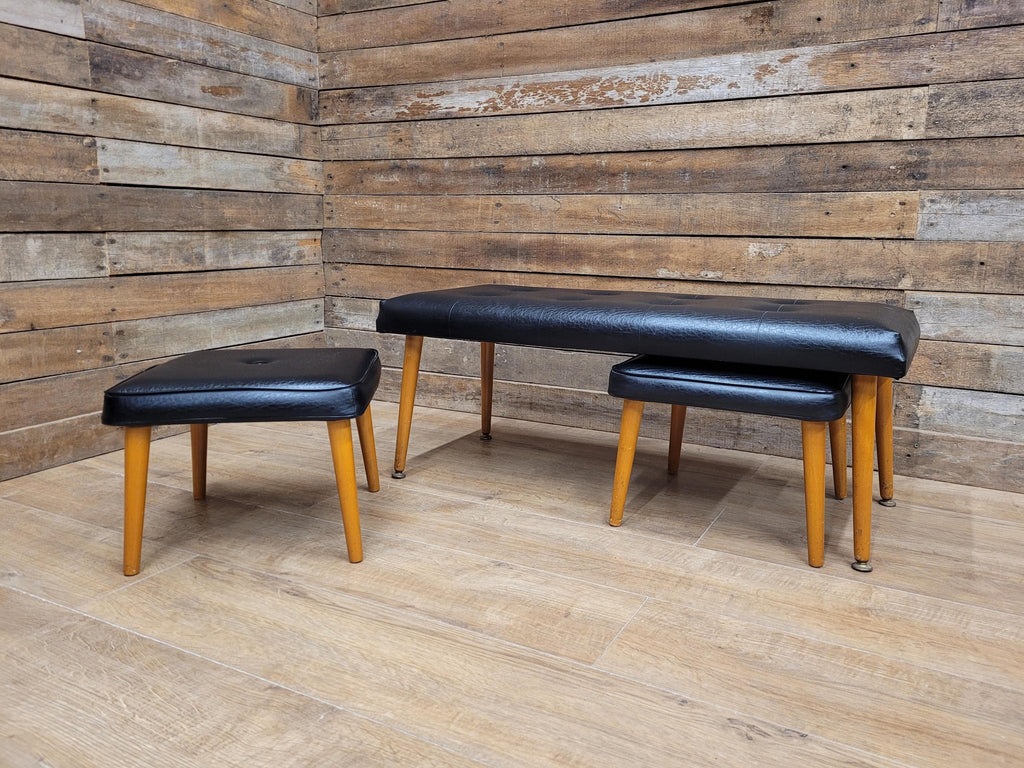Vintage Sherborne Mid Century Black Vinyl Footstool Set Bench & 2 Stools