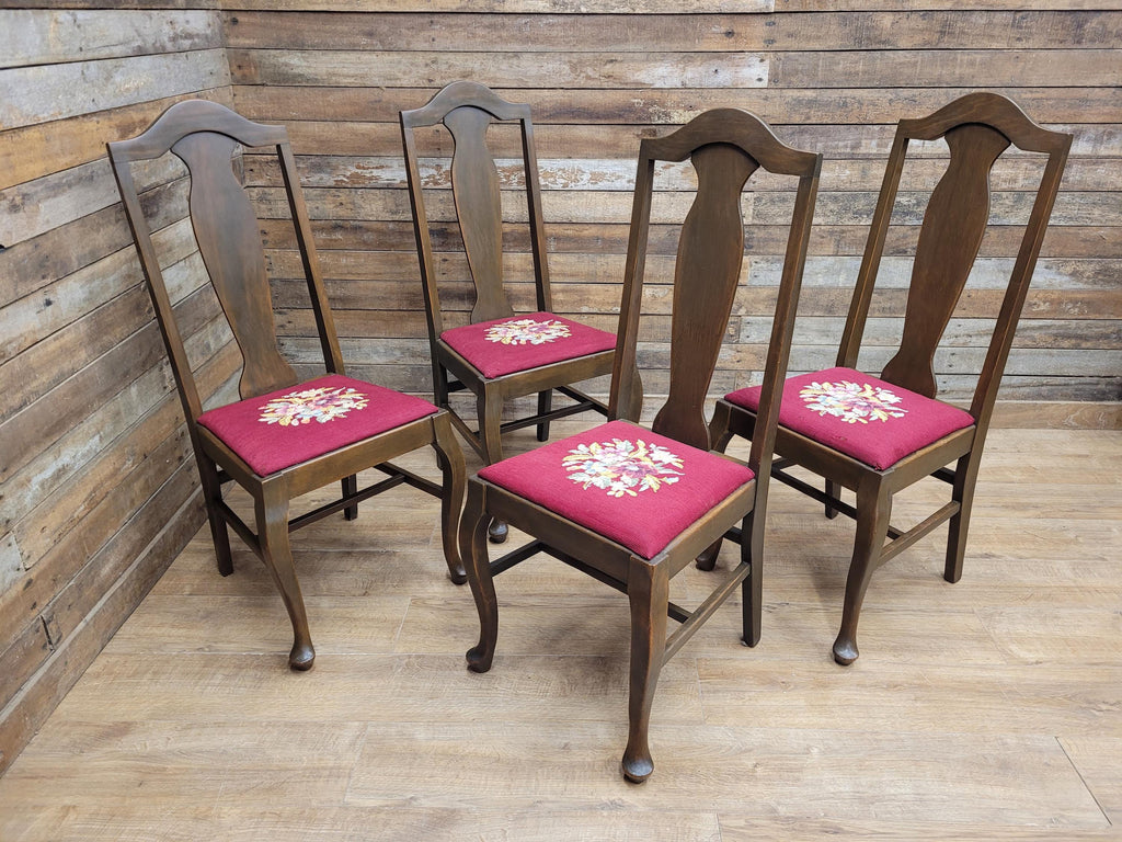 Set of 4 Queen Anne Style Dining Chairs with Wool Tapestry Seats