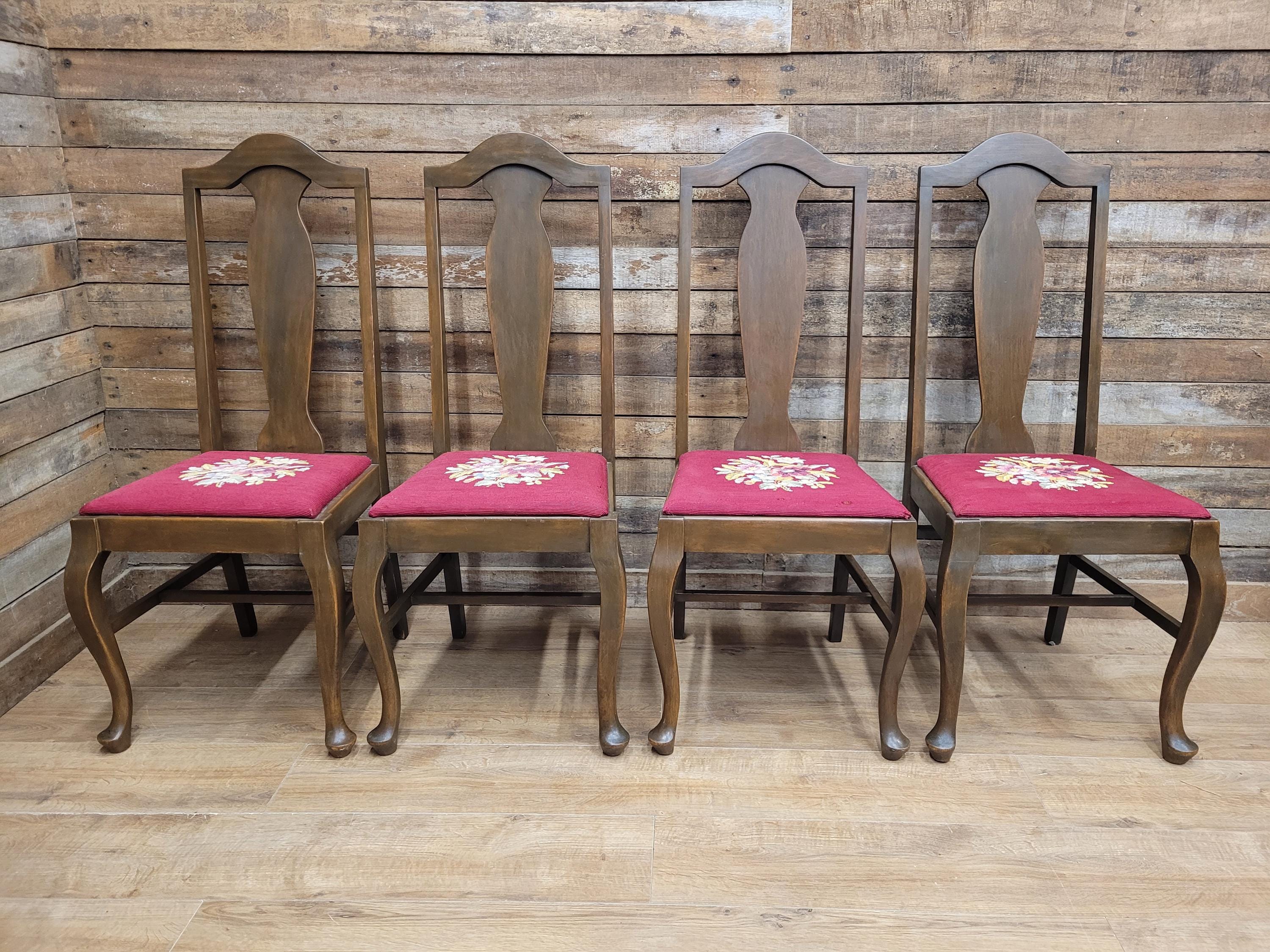 Set of 4 Queen Anne Style Dining Chairs with Wool Tapestry Seats