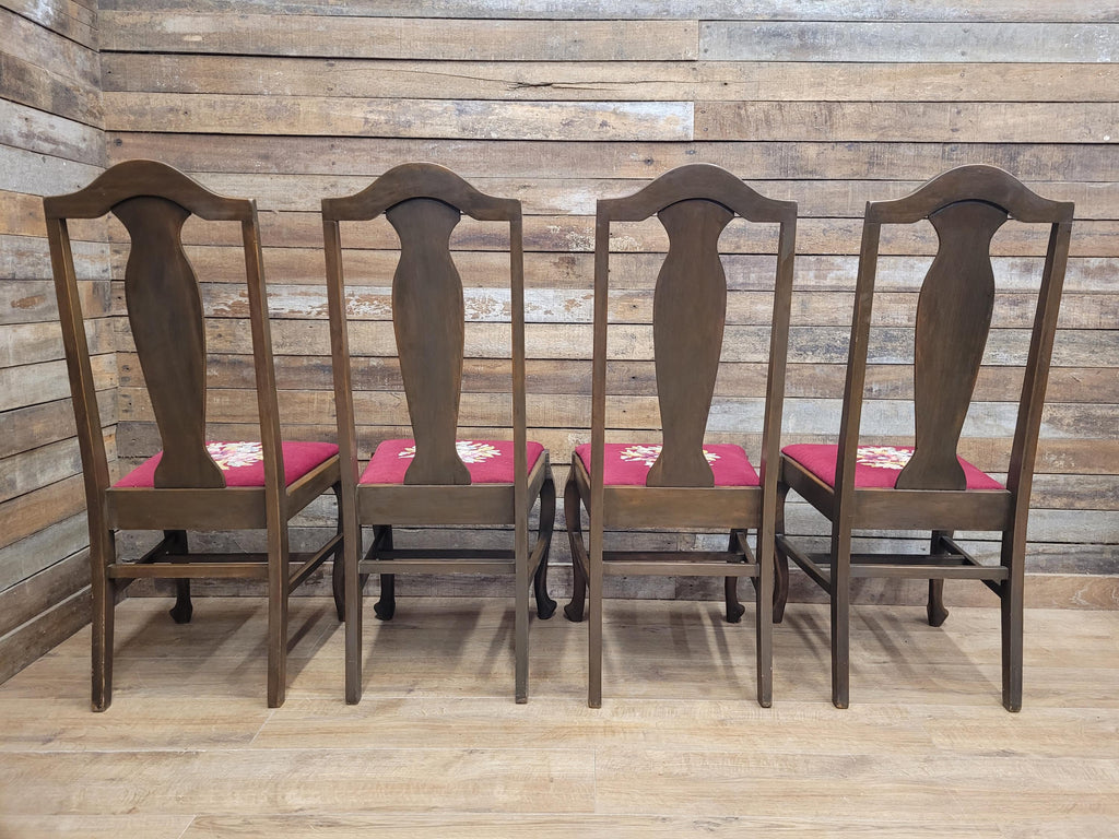 Set of 4 Queen Anne Style Dining Chairs with Wool Tapestry Seats