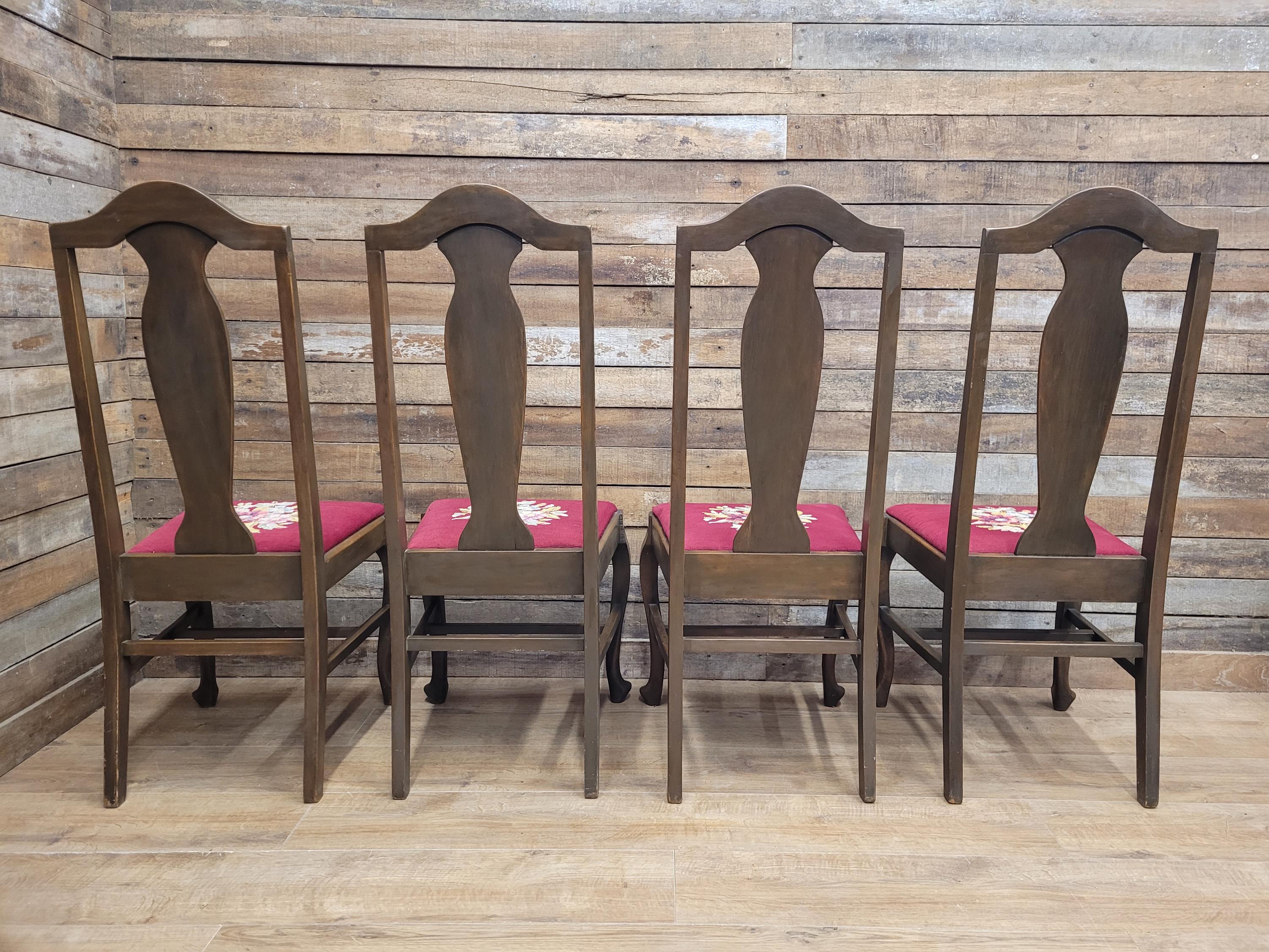 Set of 4 Queen Anne Style Dining Chairs with Wool Tapestry Seats