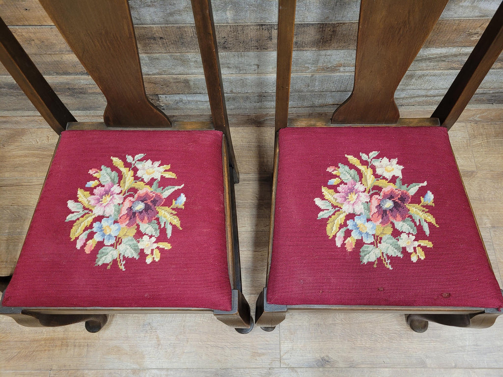 Set of 4 Queen Anne Style Dining Chairs with Wool Tapestry Seats