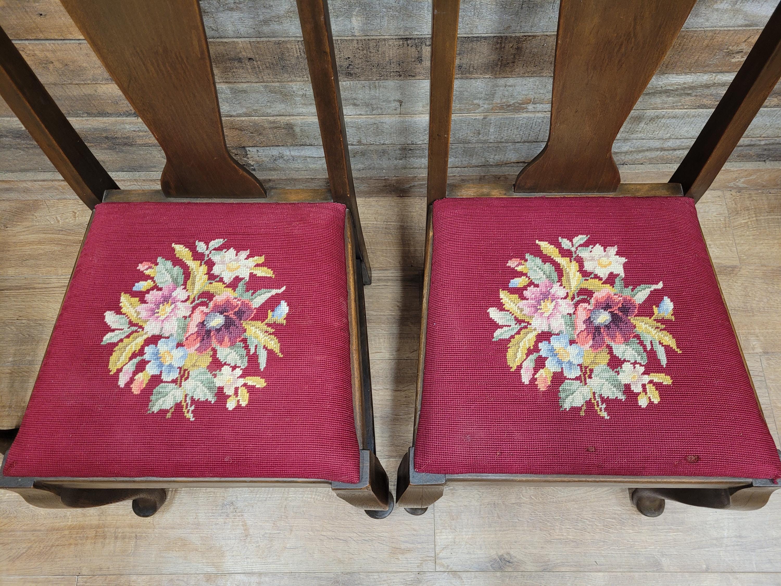 Set of 4 Queen Anne Style Dining Chairs with Wool Tapestry Seats