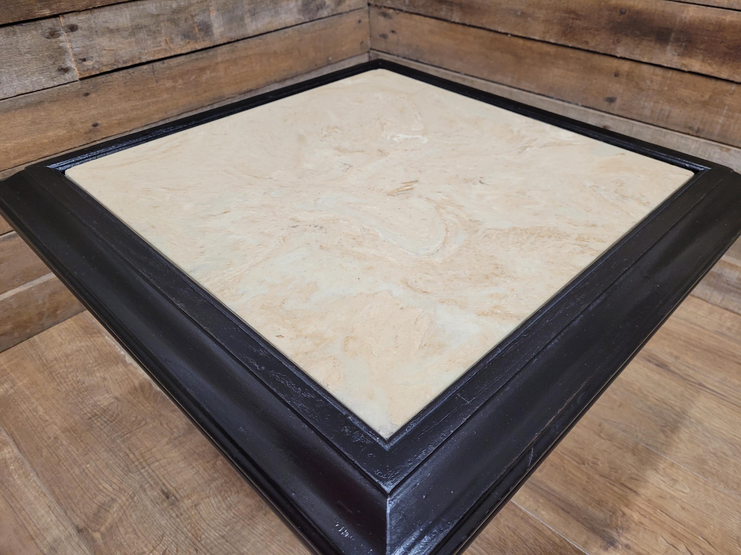 Marble Top Pedestal Side Table Black Wood Square Vintage Style