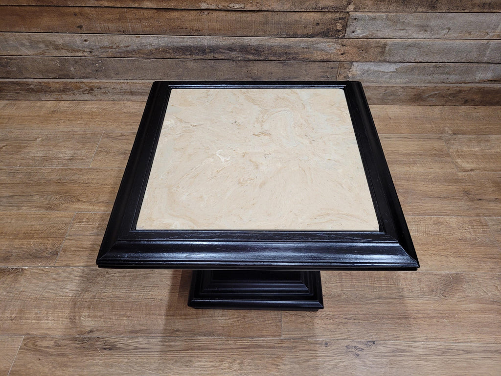 Marble Top Pedestal Side Table Black Wood Square Vintage Style