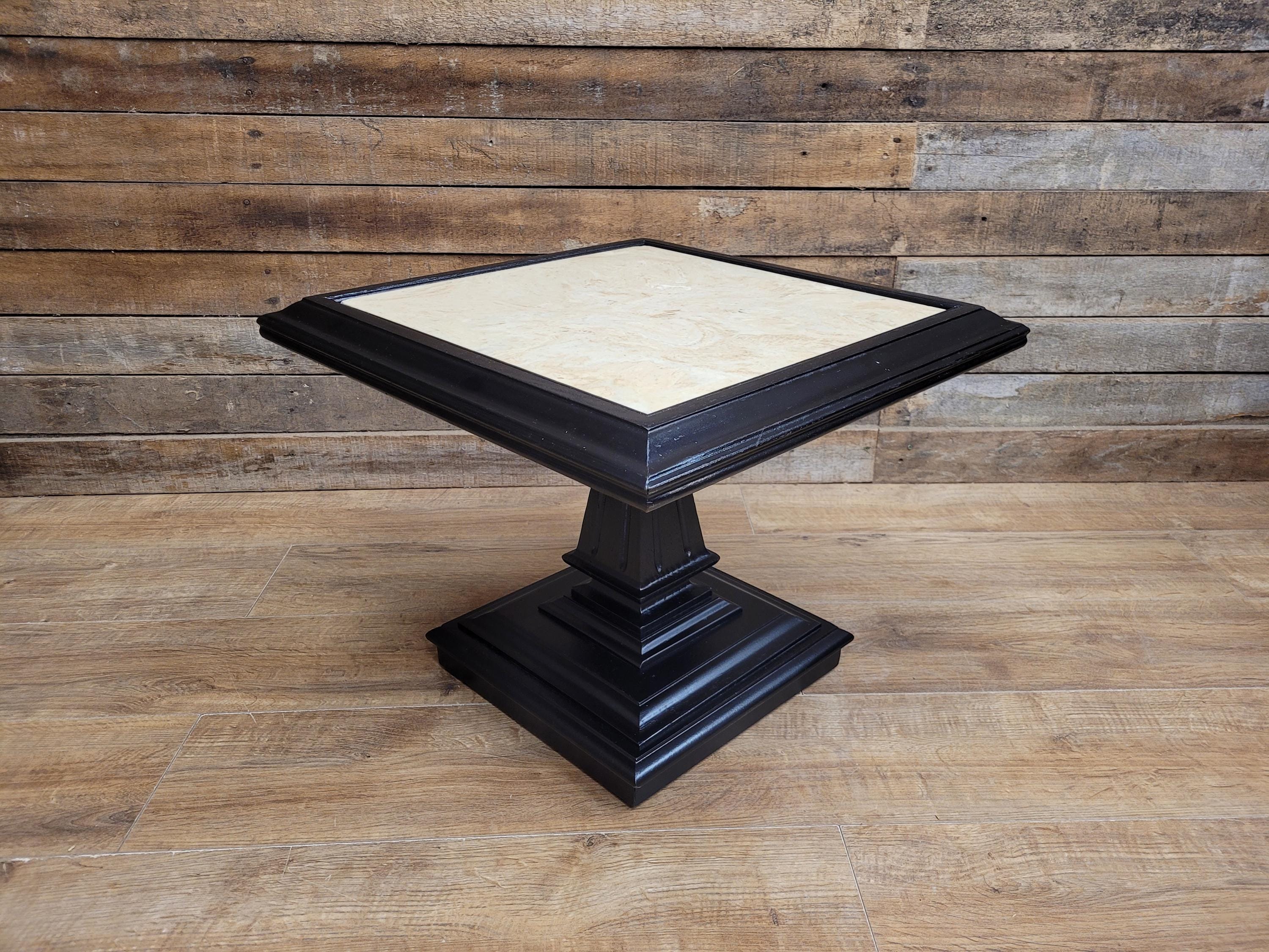 Marble Top Pedestal Side Table Black Wood Square Vintage Style