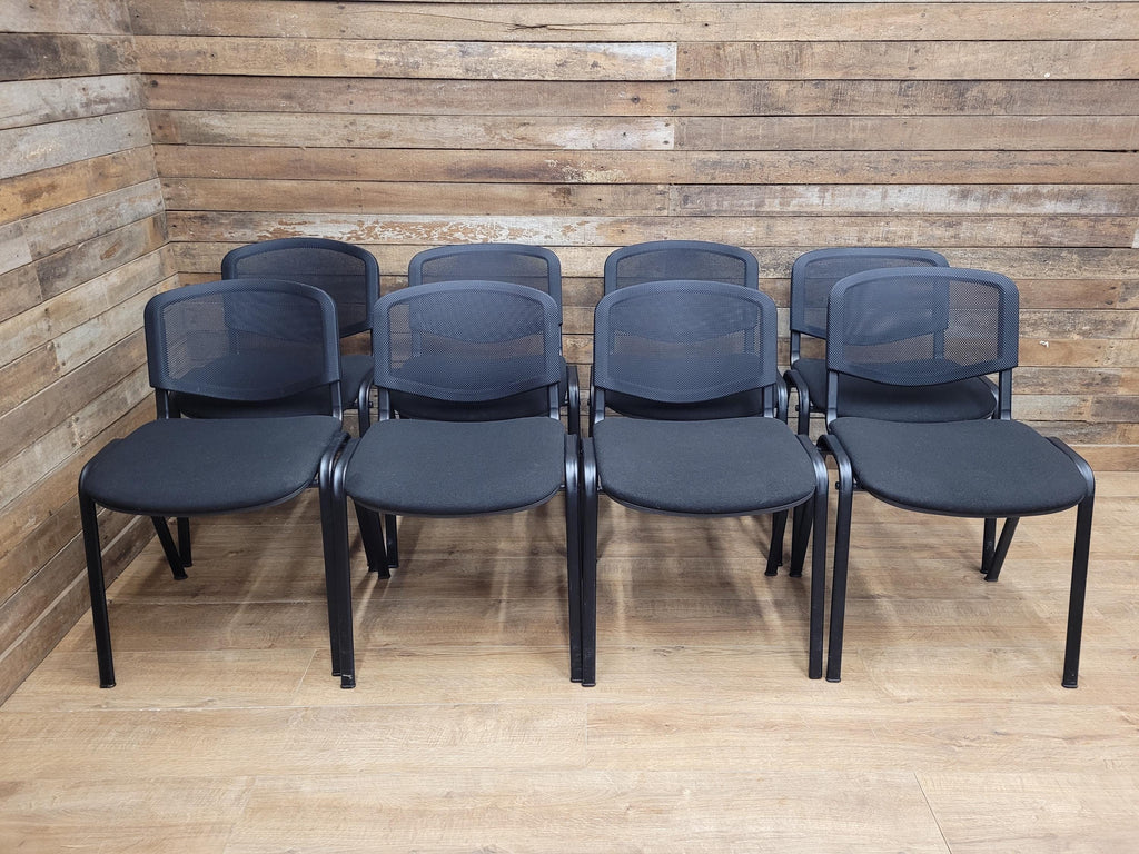 Eight Black Stacking Chairs Mesh Back Office Conference Reception