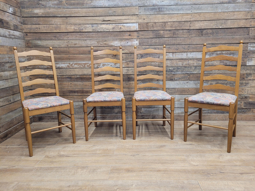 Four Ladder Back Dining Chairs Rustic Farmhouse Style Upholstered Seats Vintage