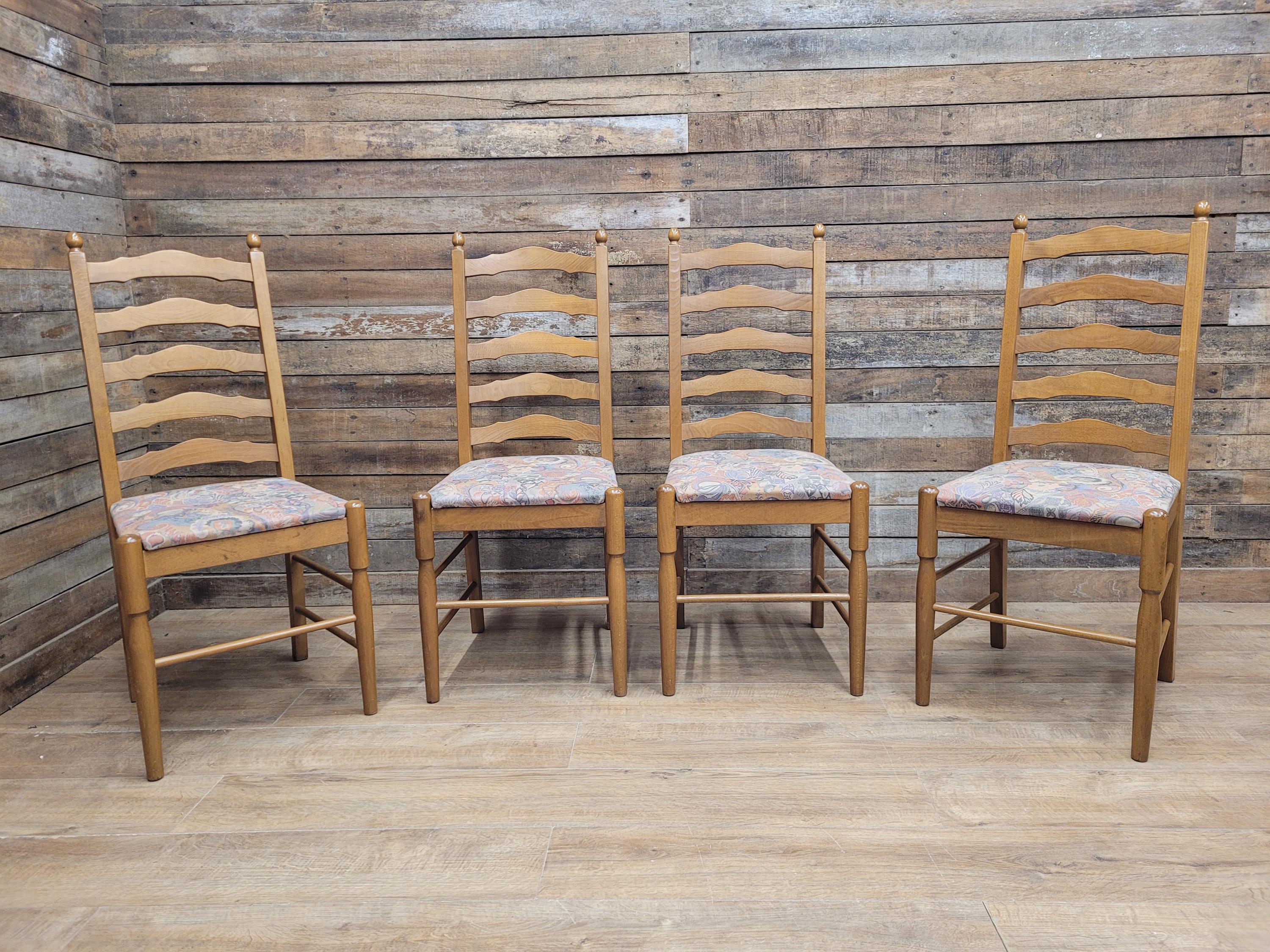Four Ladder Back Dining Chairs Rustic Farmhouse Style Upholstered Seats Vintage