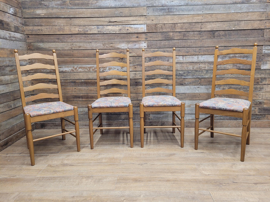 Four Ladder Back Dining Chairs Rustic Farmhouse Style Upholstered Seats Vintage