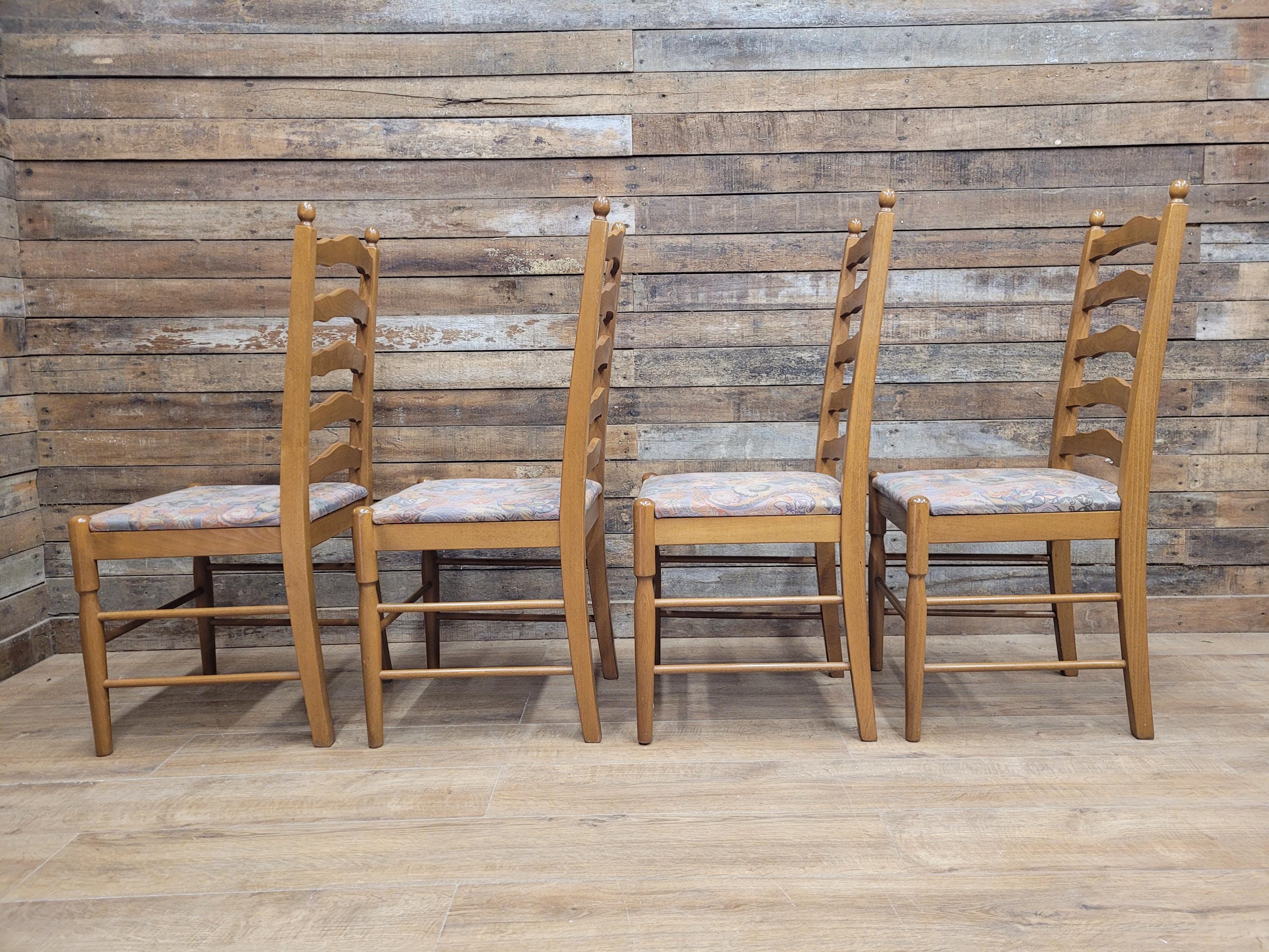 Four Ladder Back Dining Chairs Rustic Farmhouse Style Upholstered Seats Vintage