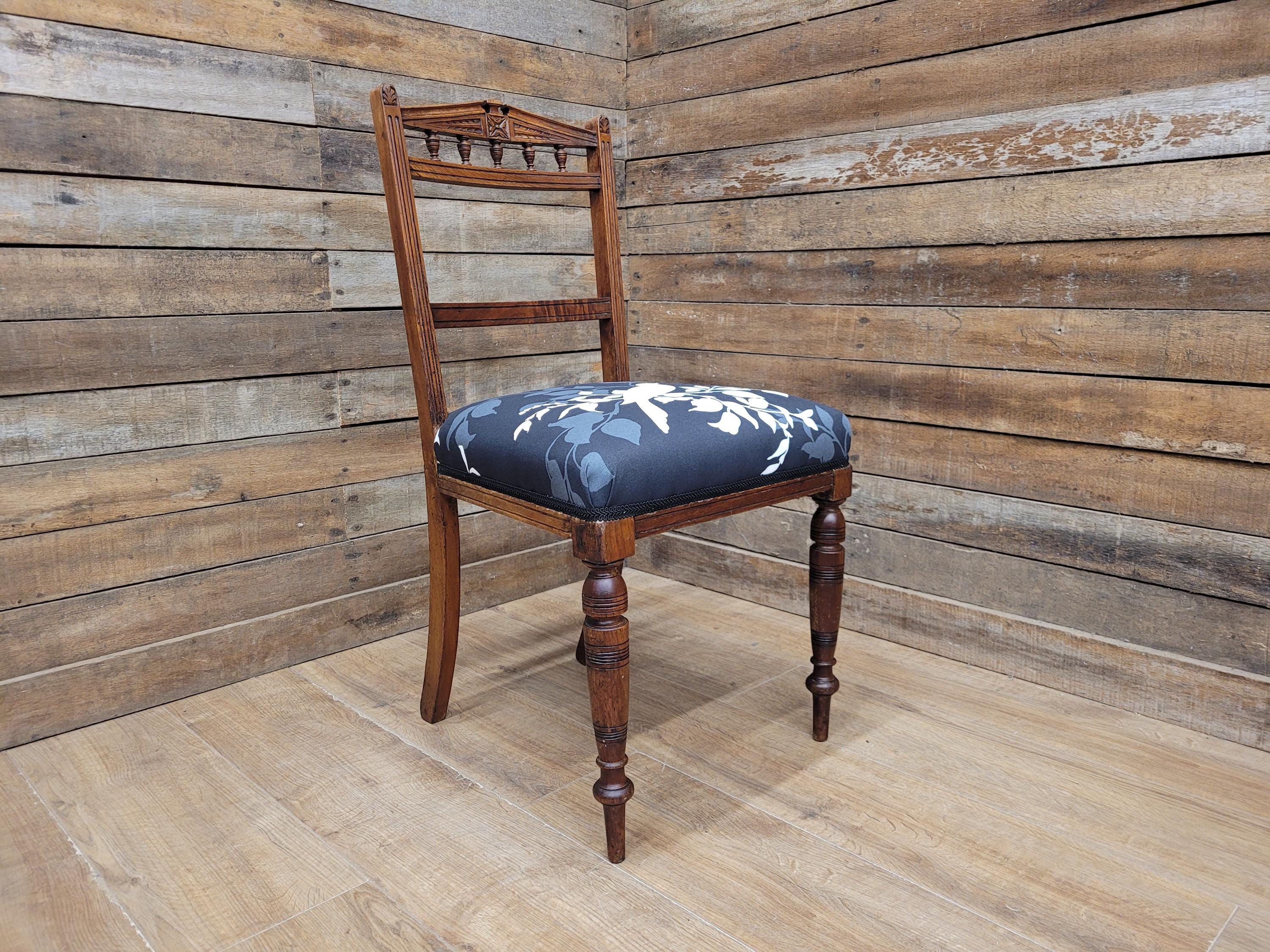 Antique Edwardian Oak Bedroom Chair Turned Legs Carved Back
