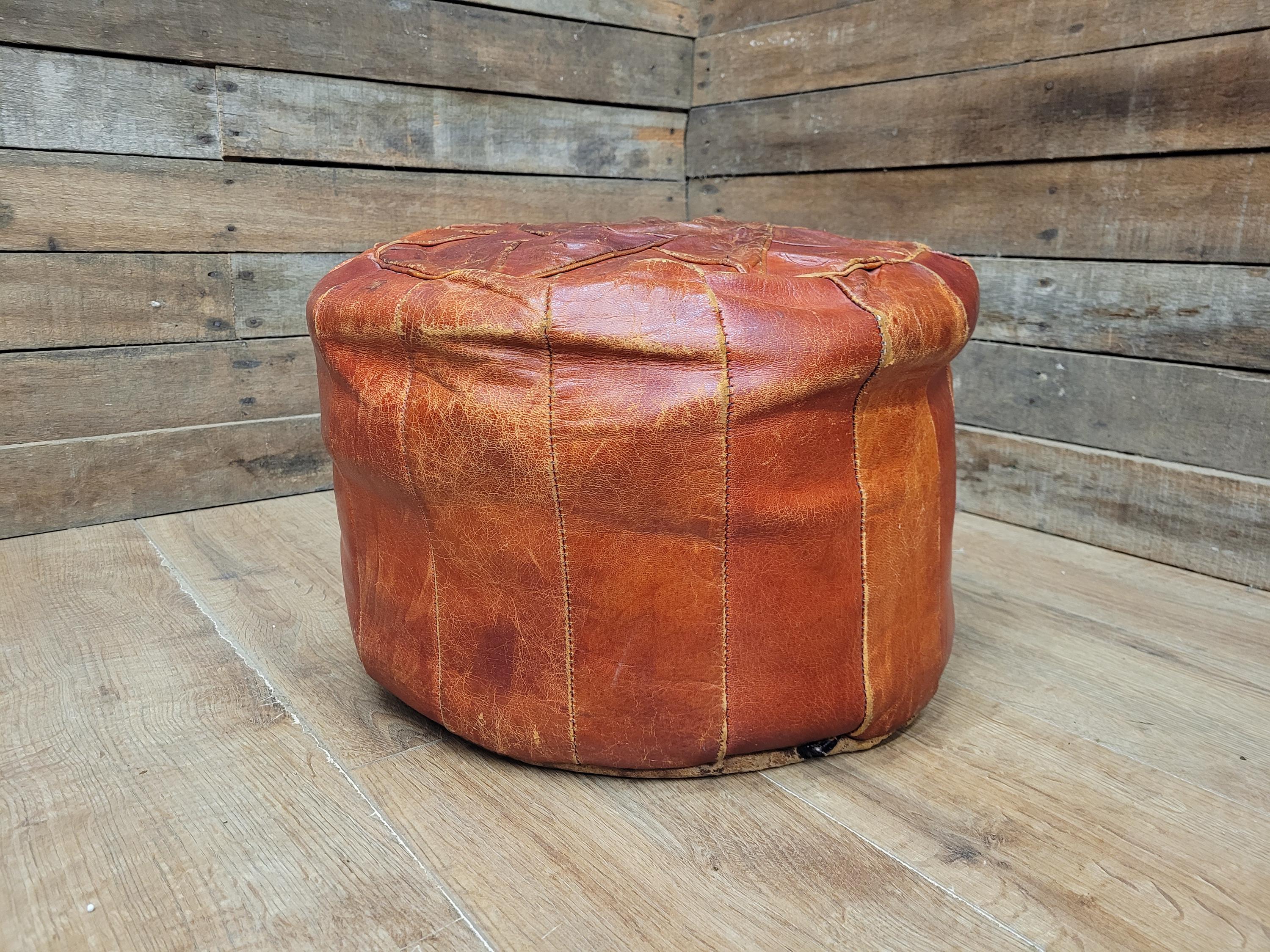 Vintage Moroccan Leather Pouffe Ottoman Tan Brown Leather