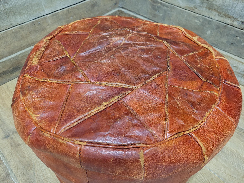 Vintage Moroccan Leather Pouffe Ottoman Tan Brown Leather