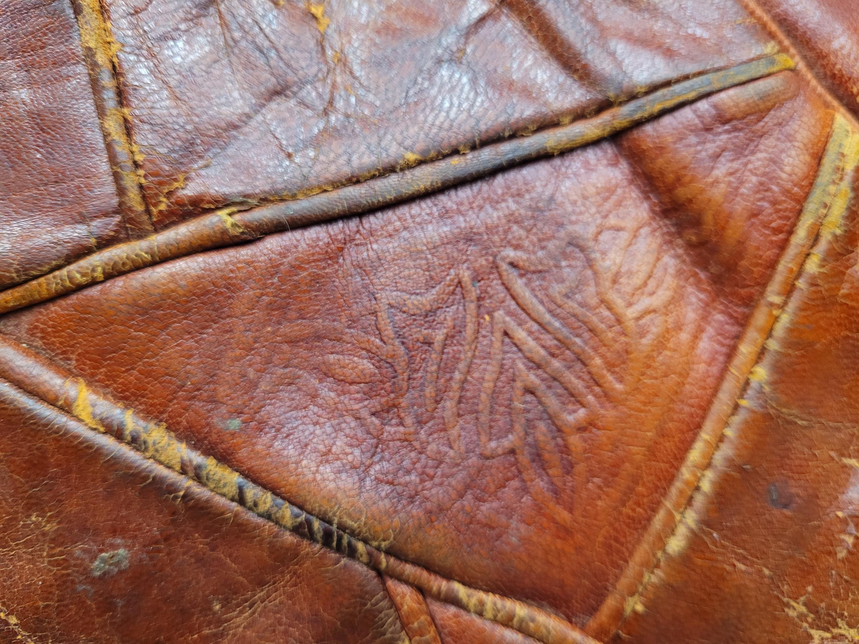 Vintage Moroccan Leather Pouffe Ottoman Tan Brown Leather