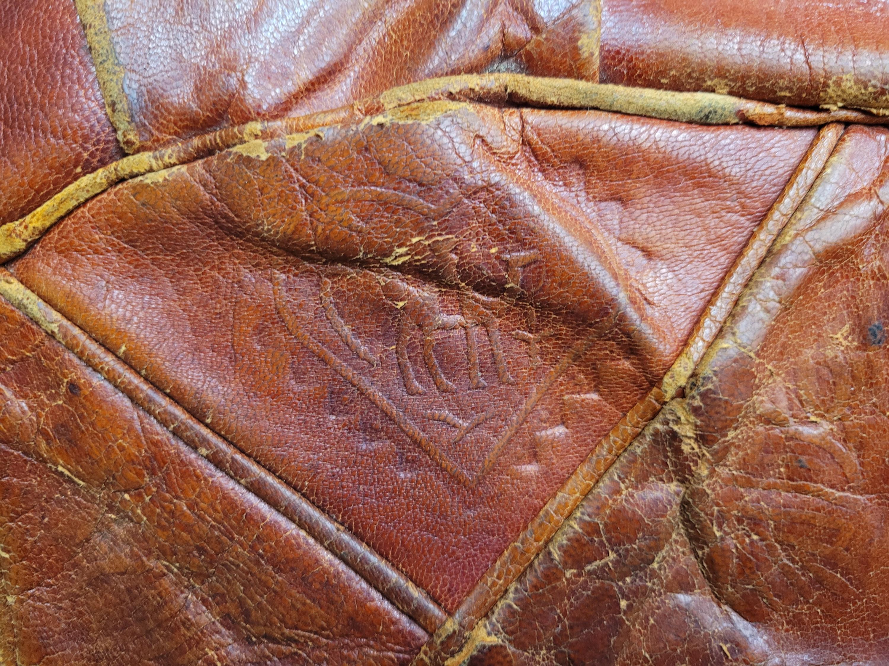 Vintage Moroccan Leather Pouffe Ottoman Tan Brown Leather
