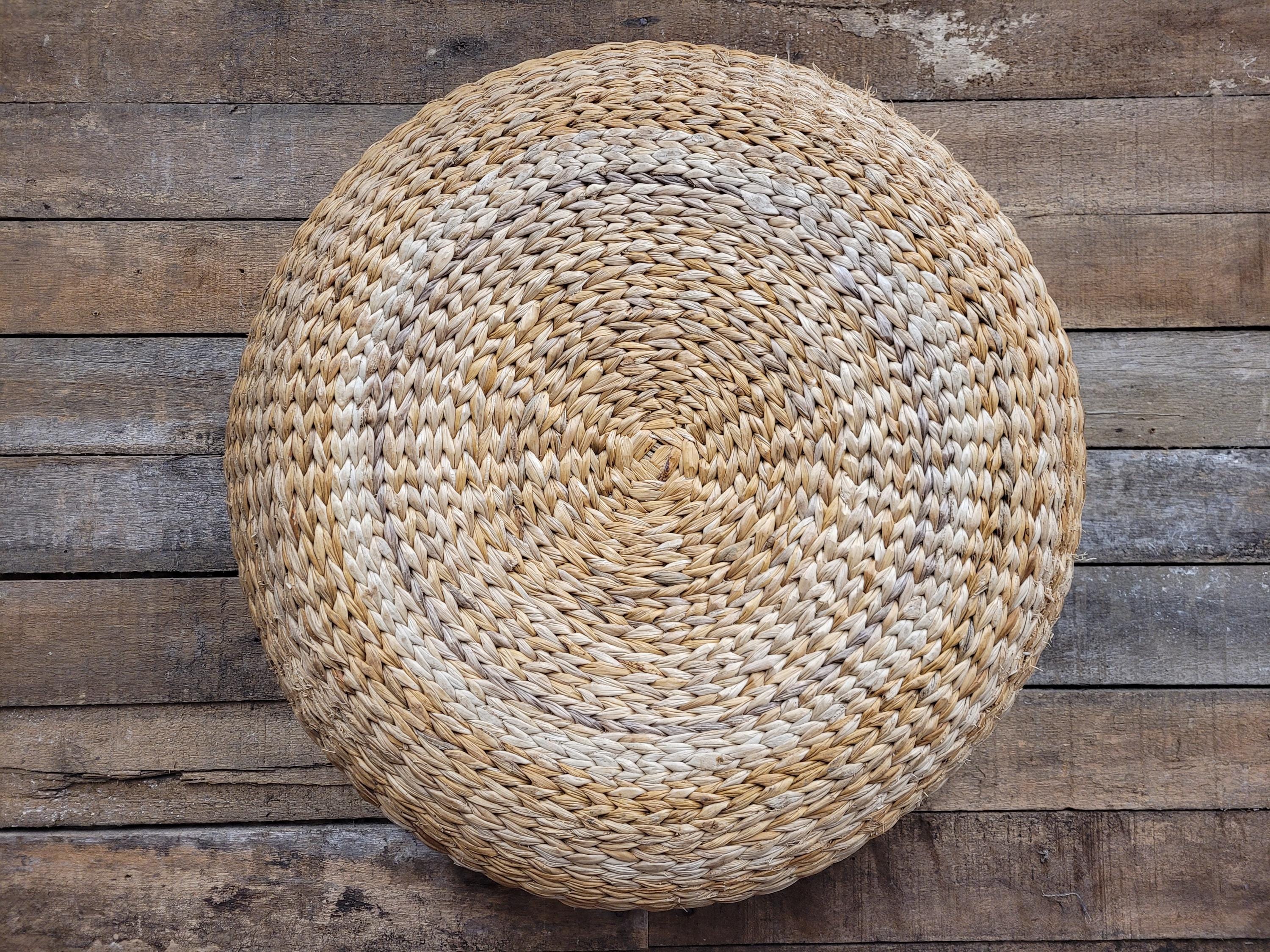 Round Banana Fibre Woven Floor Cushions Pouffe 60cm Natural