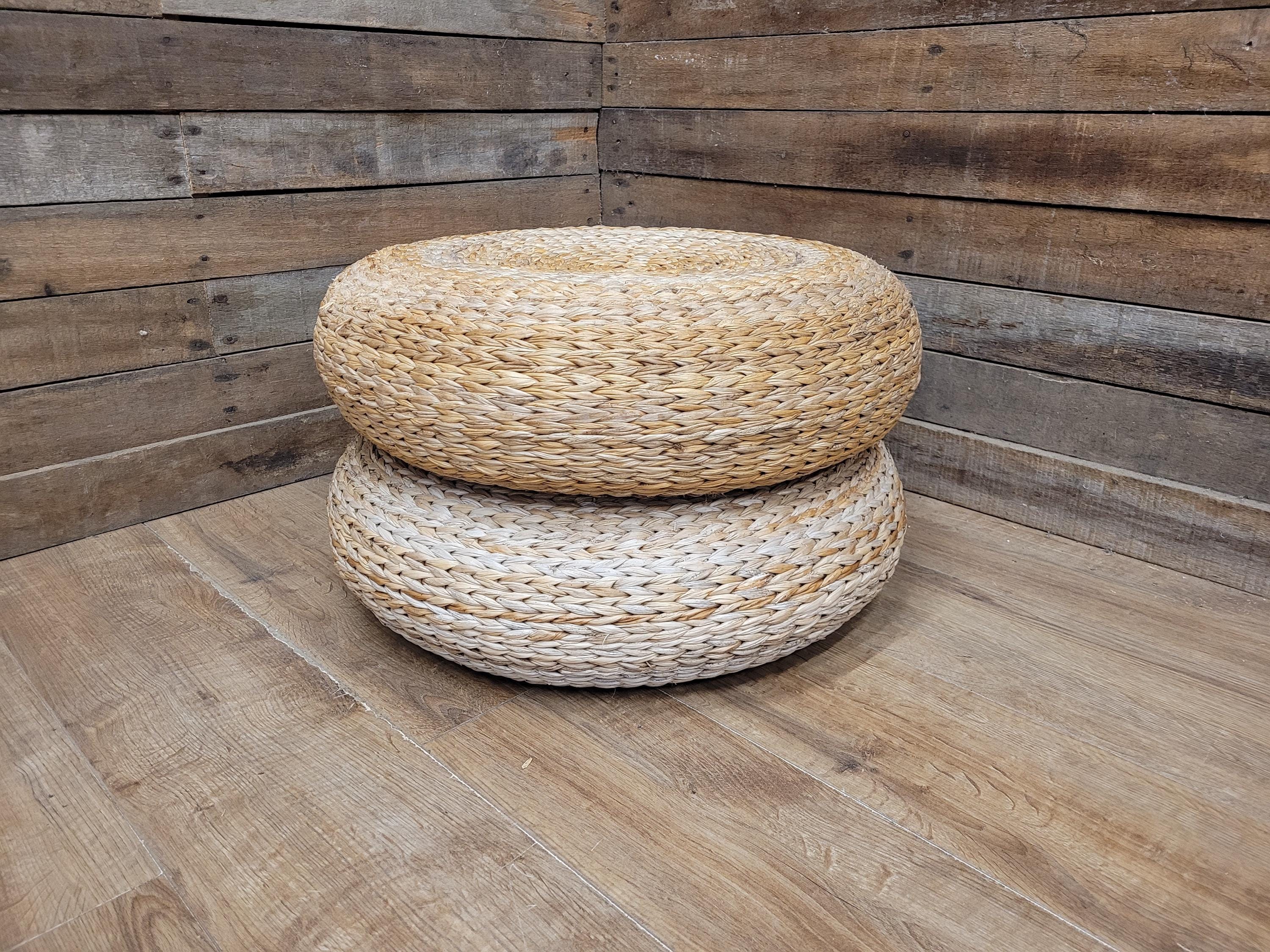 Round Banana Fibre Woven Floor Cushions Pouffe 60cm Natural