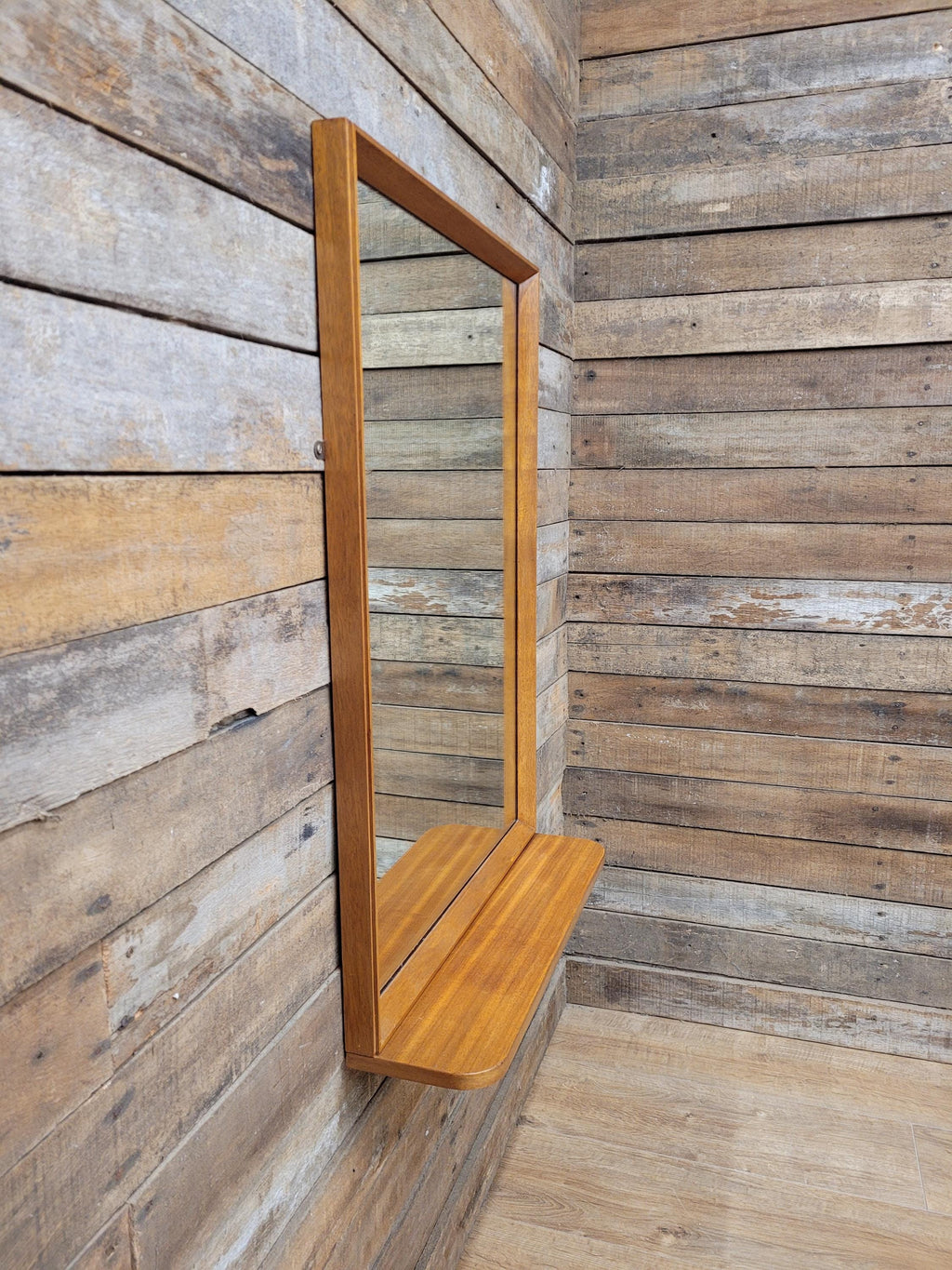 Mid Century Teak Wall Mirror with Shelf 1960s Scandinavian Style