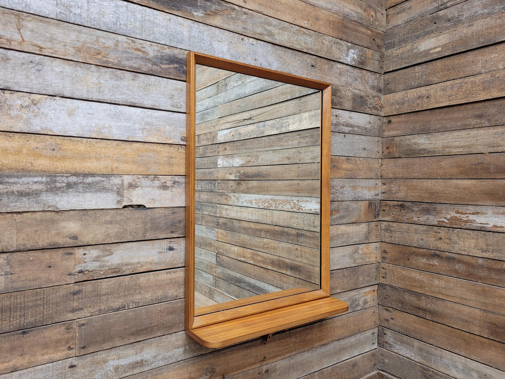 Mid Century Teak Wall Mirror with Shelf 1960s Scandinavian Style