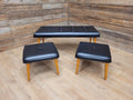 Vintage Sherborne Mid Century Black Vinyl Footstool Set Bench & 2 Stools