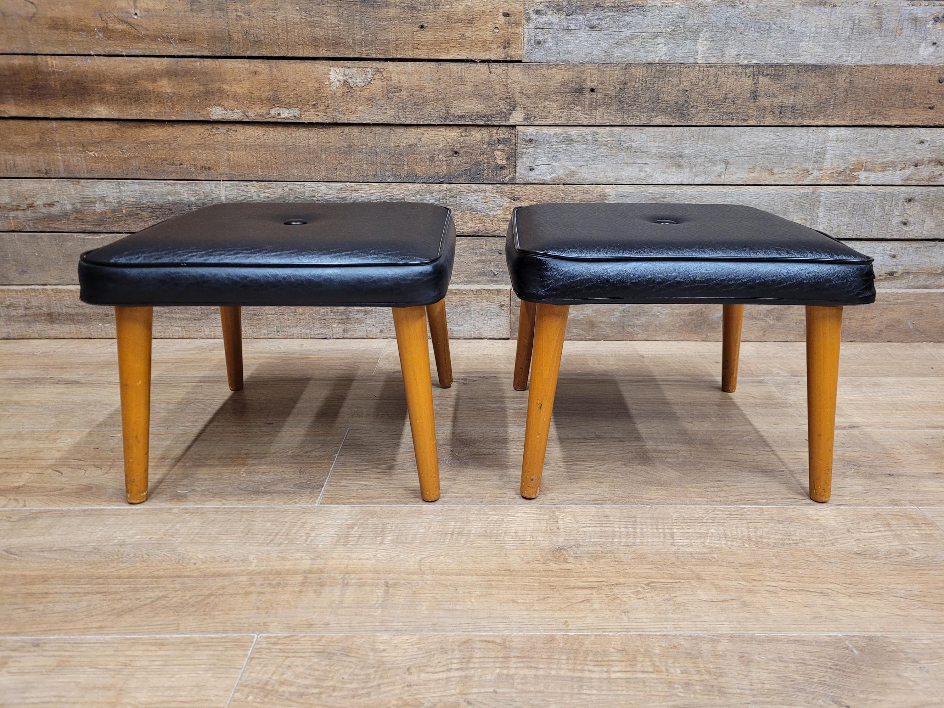 Vintage Sherborne Mid Century Black Vinyl Footstool Set Bench & 2 Stools