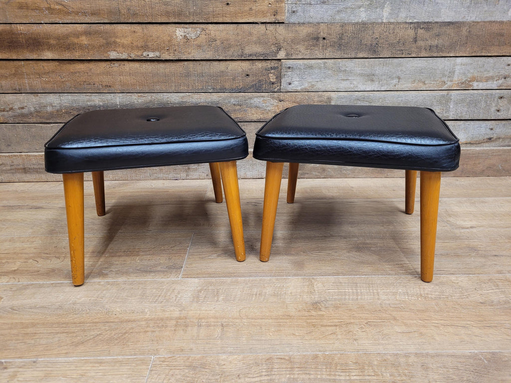 Vintage Sherborne Mid Century Black Vinyl Footstool Set Bench & 2 Stools