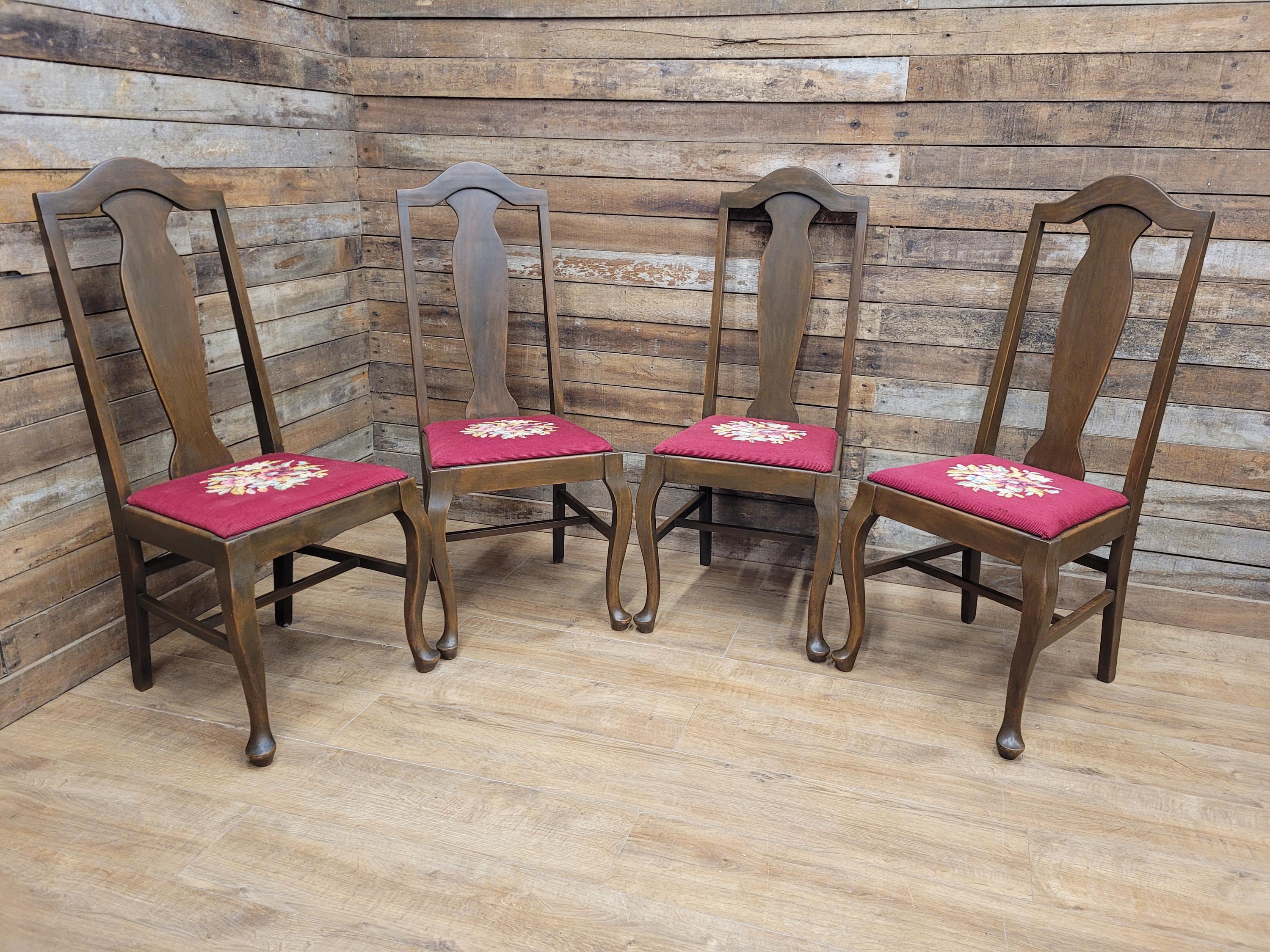 Set of 4 Queen Anne Style Dining Chairs with Wool Tapestry Seats