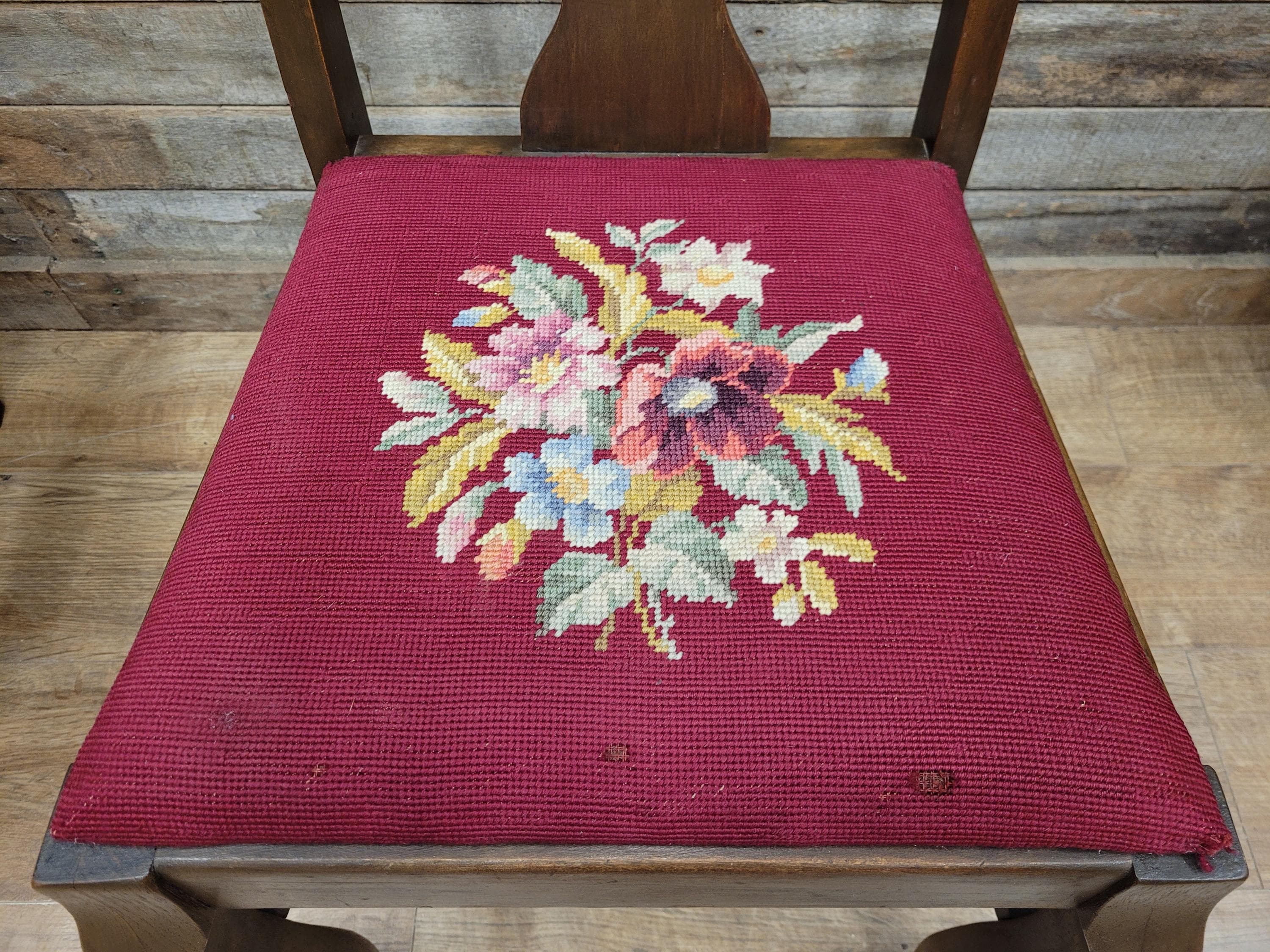 Set of 4 Queen Anne Style Dining Chairs with Wool Tapestry Seats